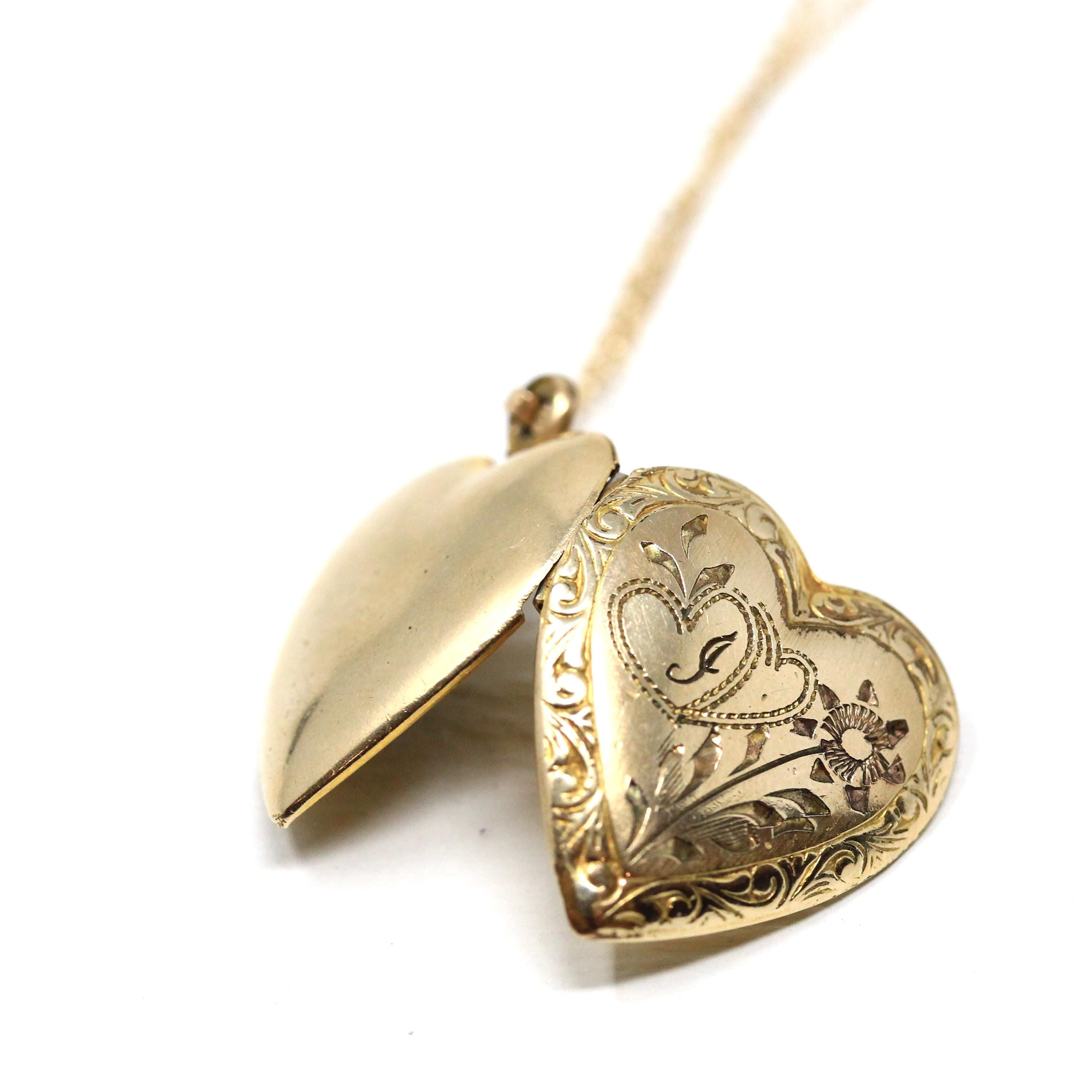 Vintage "J" Heart Locket - Retro Gold Filled Love Floral Pendant Love Initial Letter Necklace - Vintage Circa 1940s Era Flower Photo Jewelry