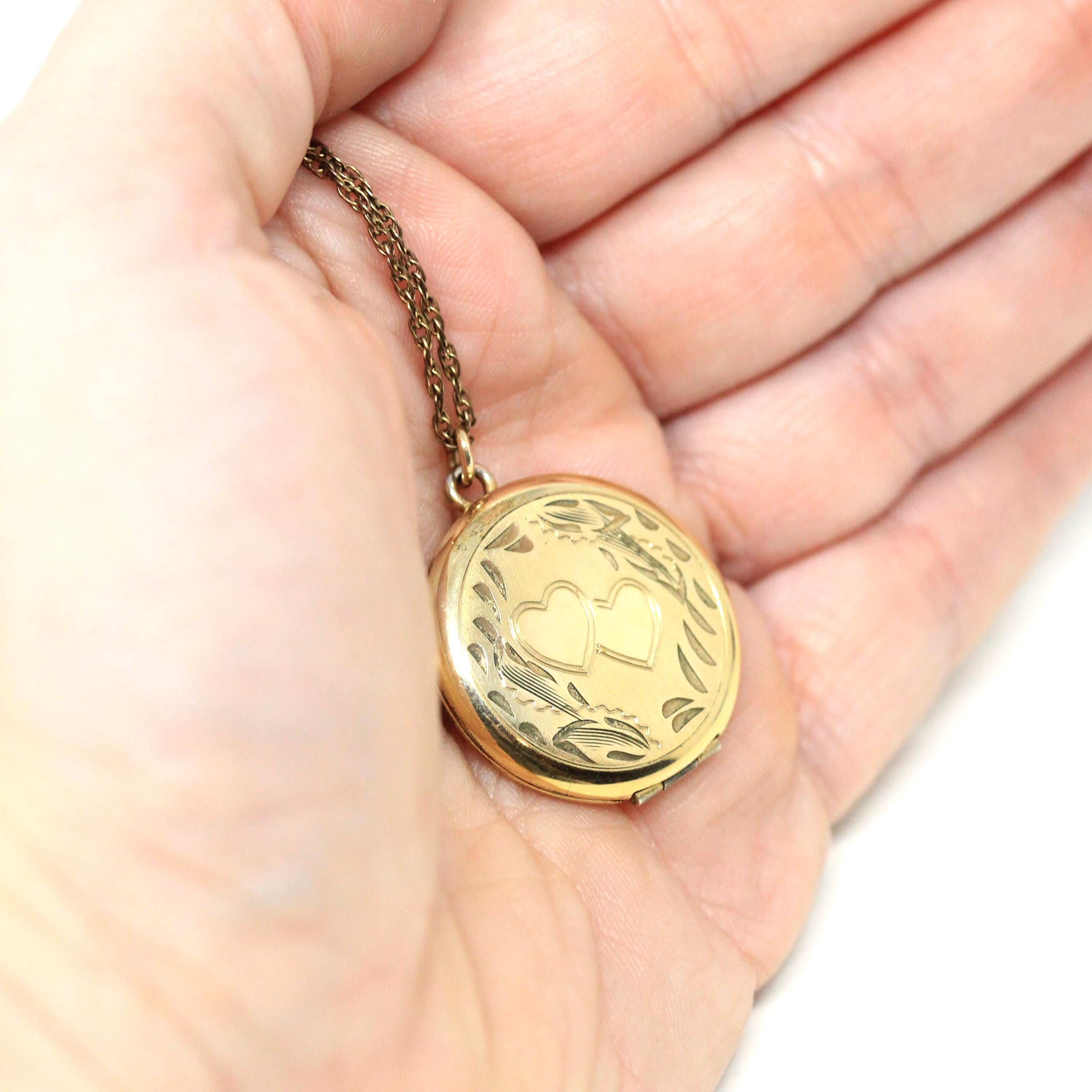 Vintage Photo Locket - Retro 12k Gold Filled Double Heart Floral Pendant Necklace Charm - Circa 1960s Statement Keepsake Photograph Jewelry