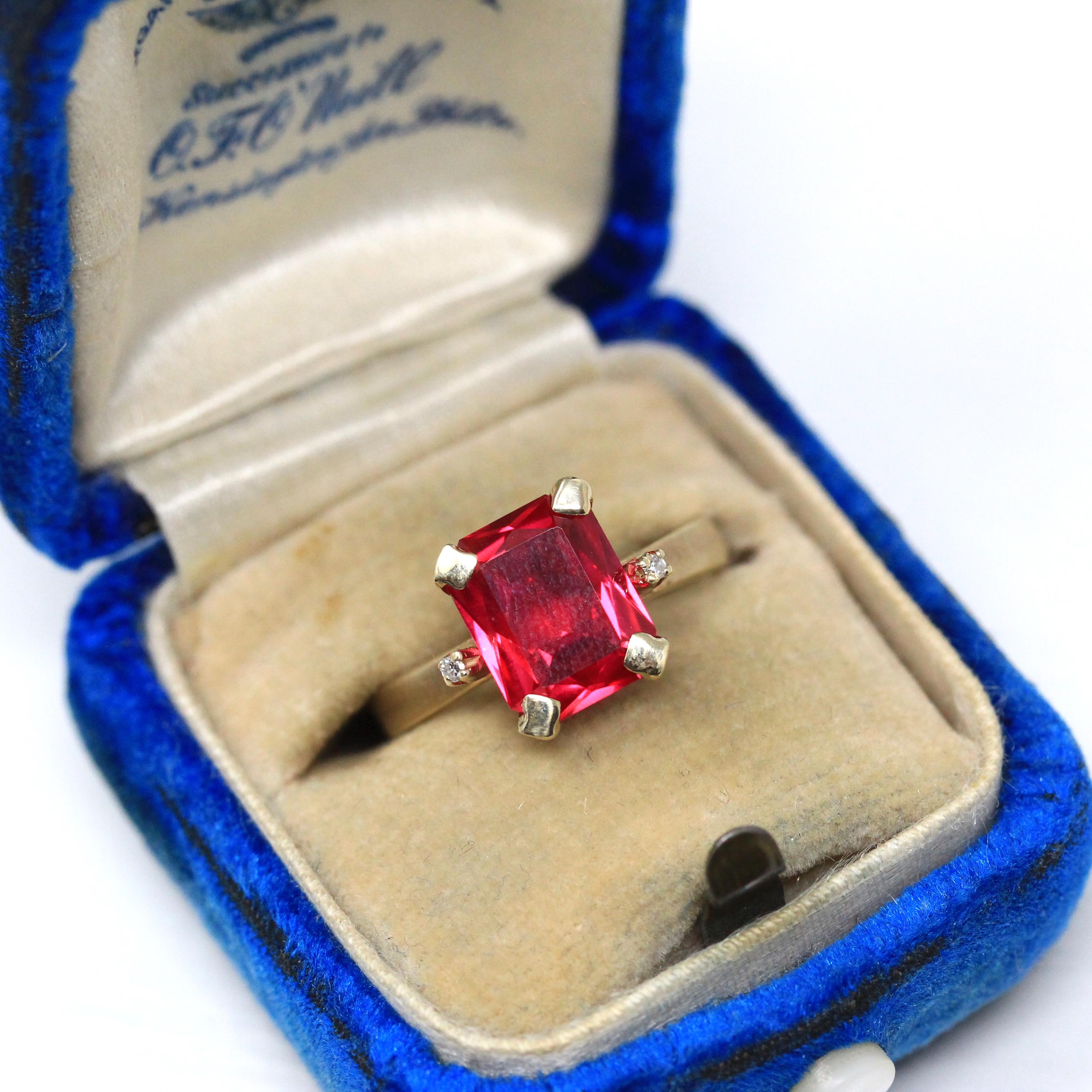 Created Ruby Ring - Retro Era 10k Yellow Gold Created Red Stone & Diamond Gemstones - Circa 1940s Size 6 1/2 Vintage Fine Statement Jewelry