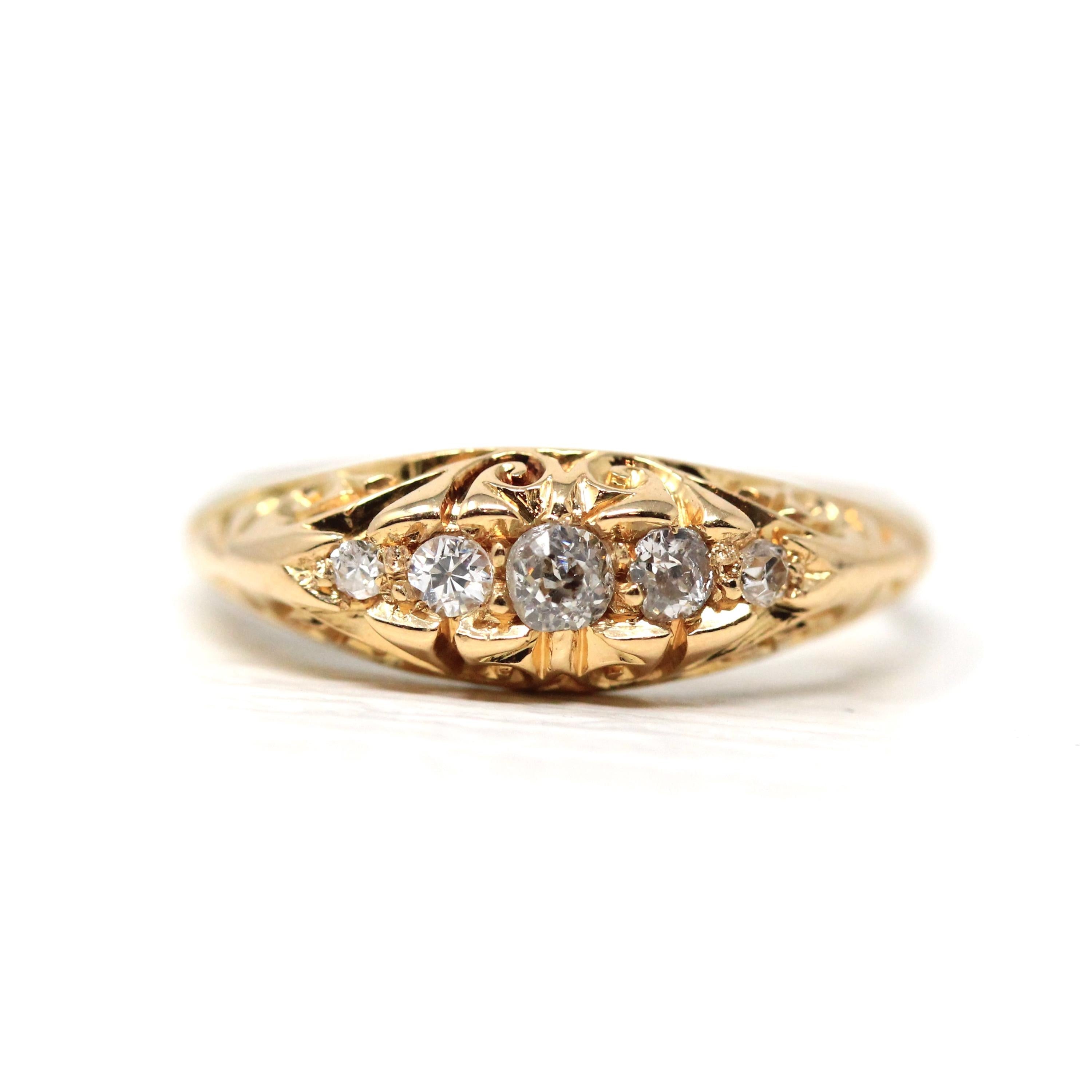 Antique Diamond Band - Edwardian 18k Yellow Gold Natural Gemstones Wedding Ring - Vintage Early 1900s Era Size 6 Fine Statement Jewelry