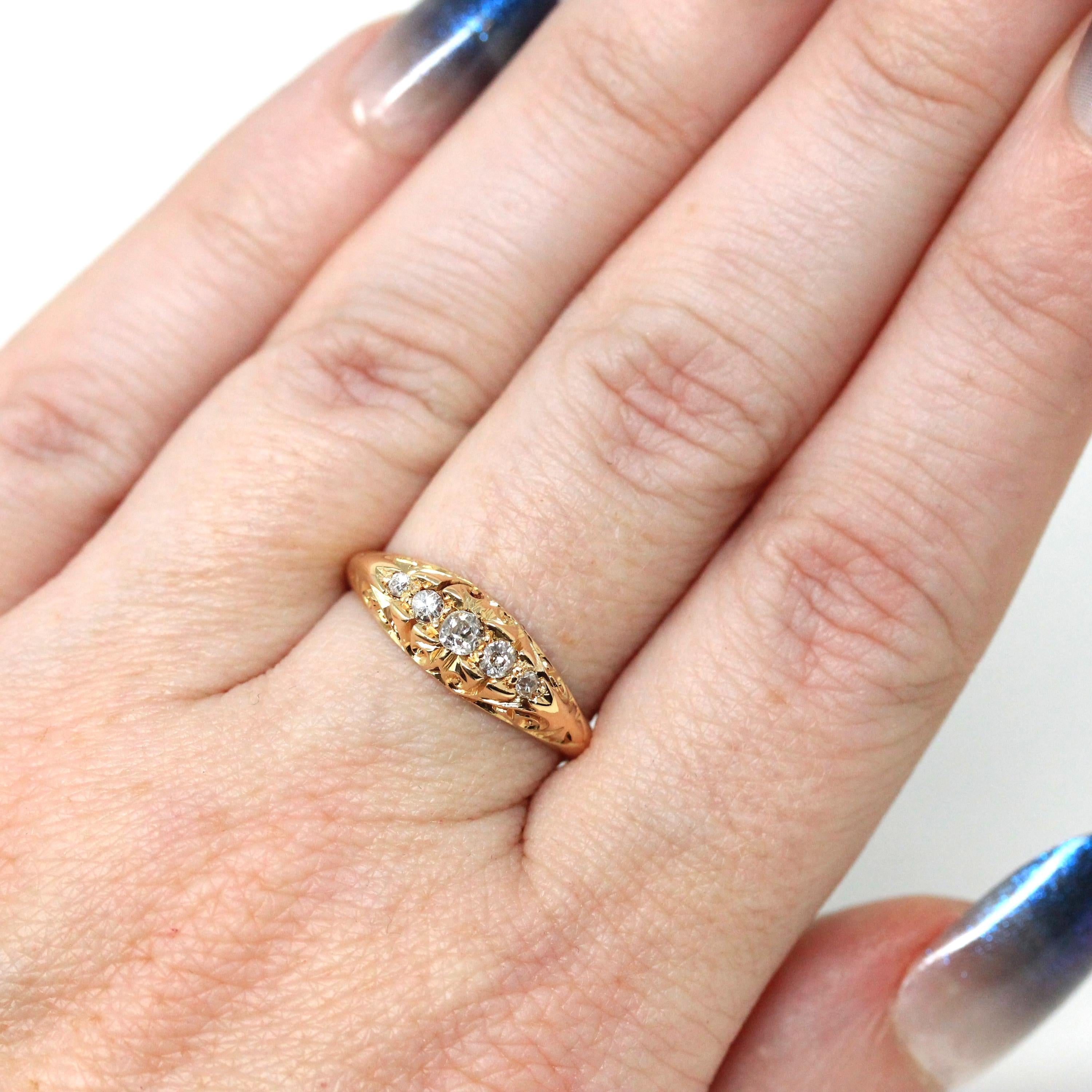 Antique Diamond Band - Edwardian 18k Yellow Gold Natural Gemstones Wedding Ring - Vintage Early 1900s Era Size 6 Fine Statement Jewelry