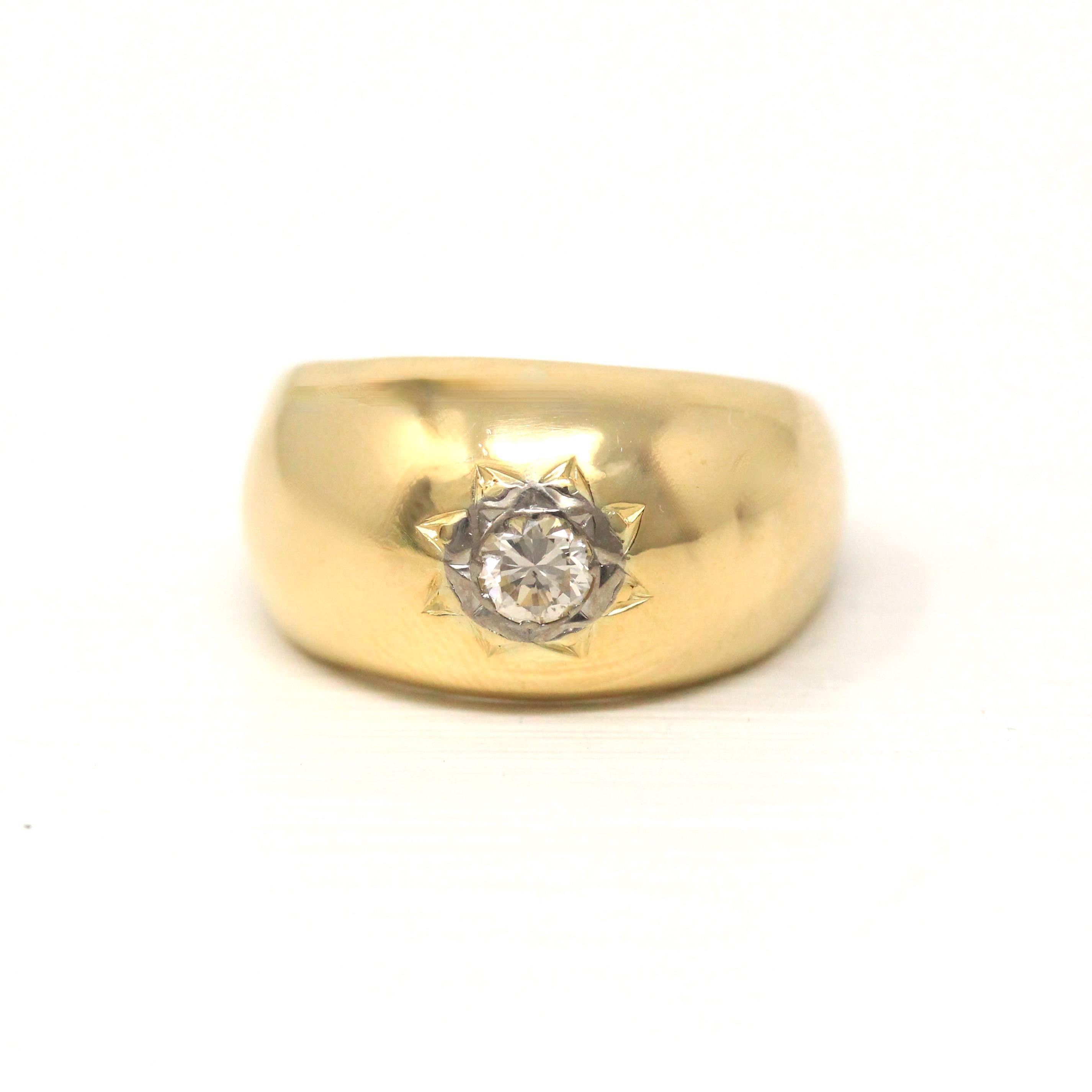 Star Incised Ring - Estate 18k Yellow Gold Chunky Domed Solitaire Diamond Band - Modern Size 7 1/2 Fine Unisex Celestial Statement Jewelry