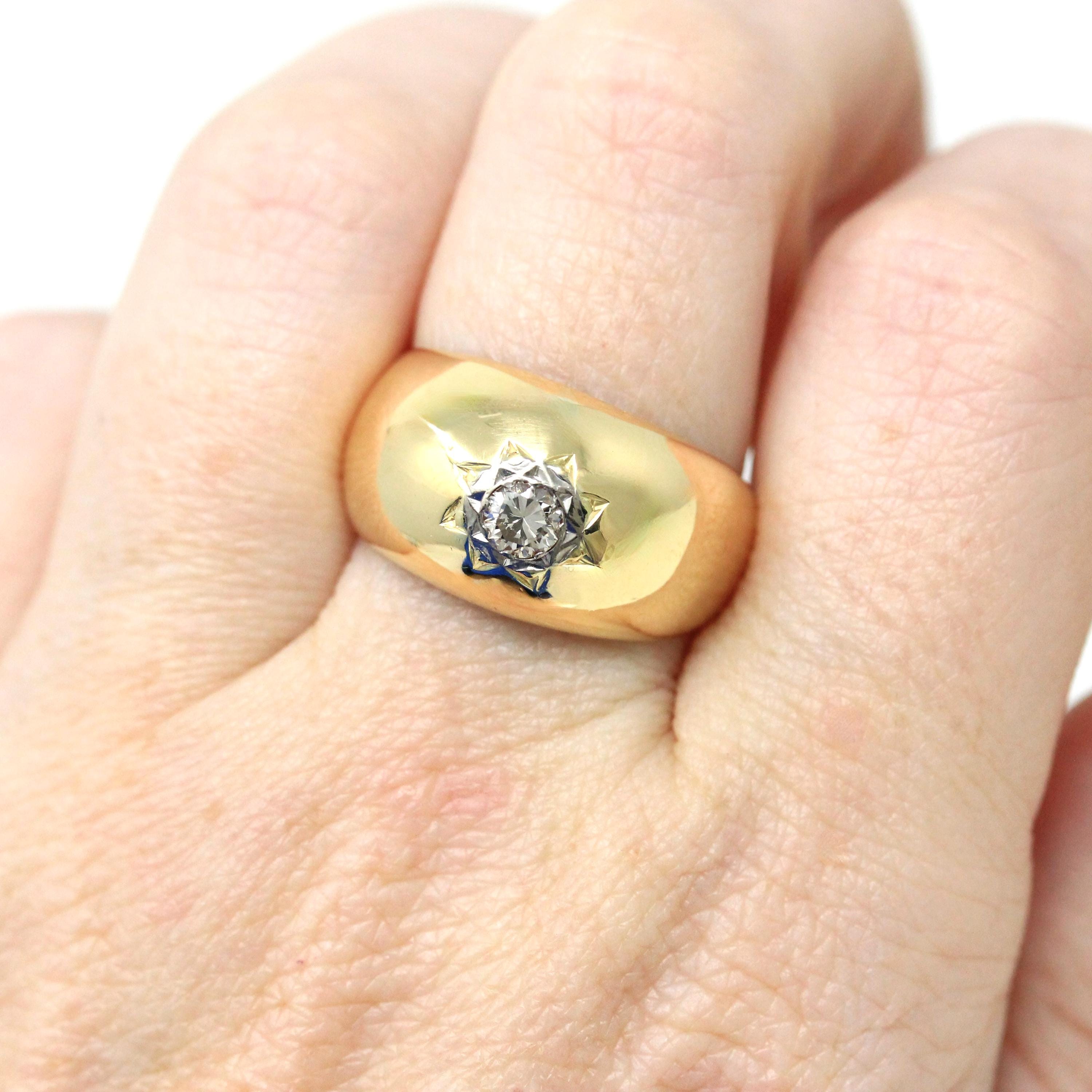 Star Incised Ring - Estate 18k Yellow Gold Chunky Domed Solitaire Diamond Band - Modern Size 7 1/2 Fine Unisex Celestial Statement Jewelry