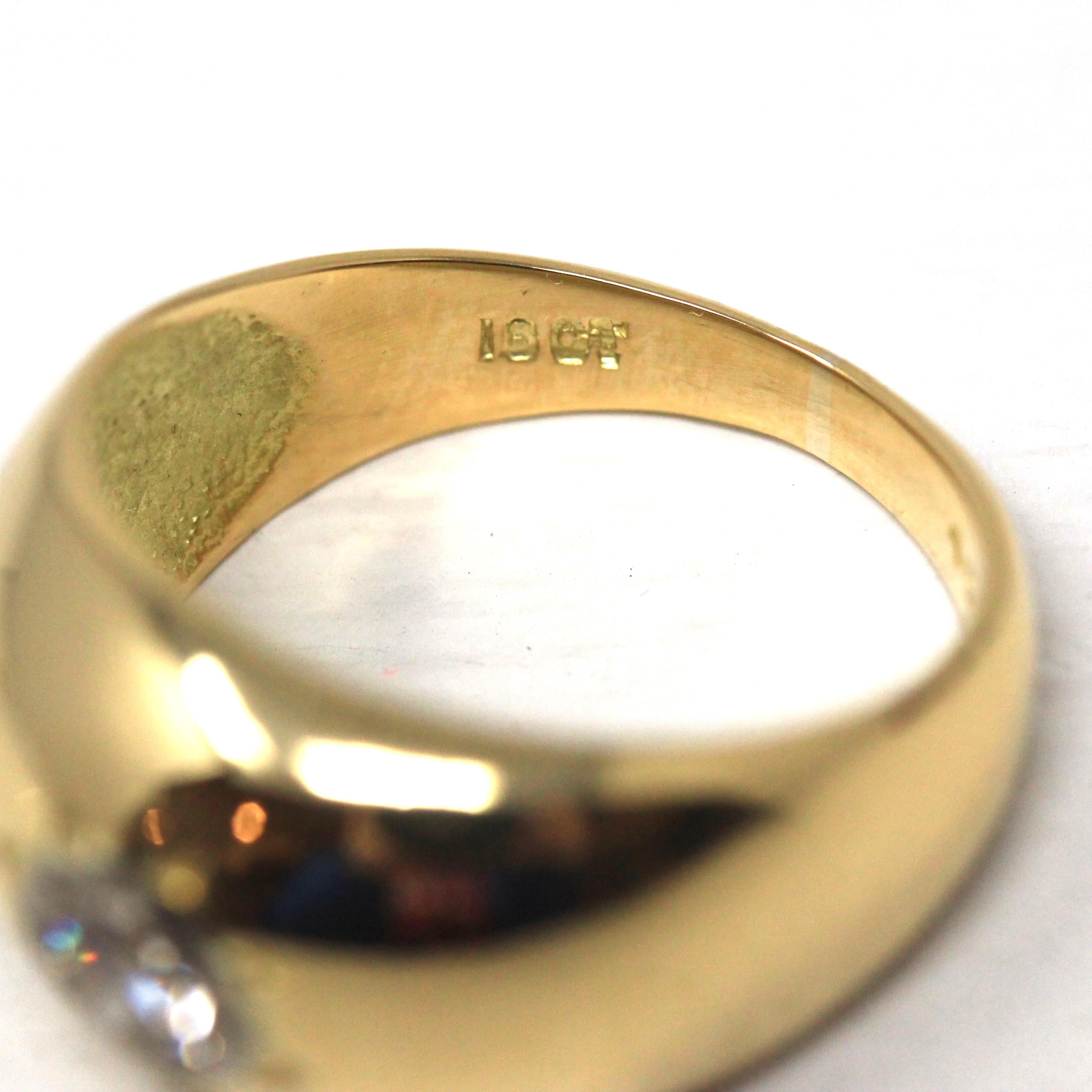 Star Incised Ring - Estate 18k Yellow Gold Chunky Domed Solitaire Diamond Band - Modern Size 7 1/2 Fine Unisex Celestial Statement Jewelry