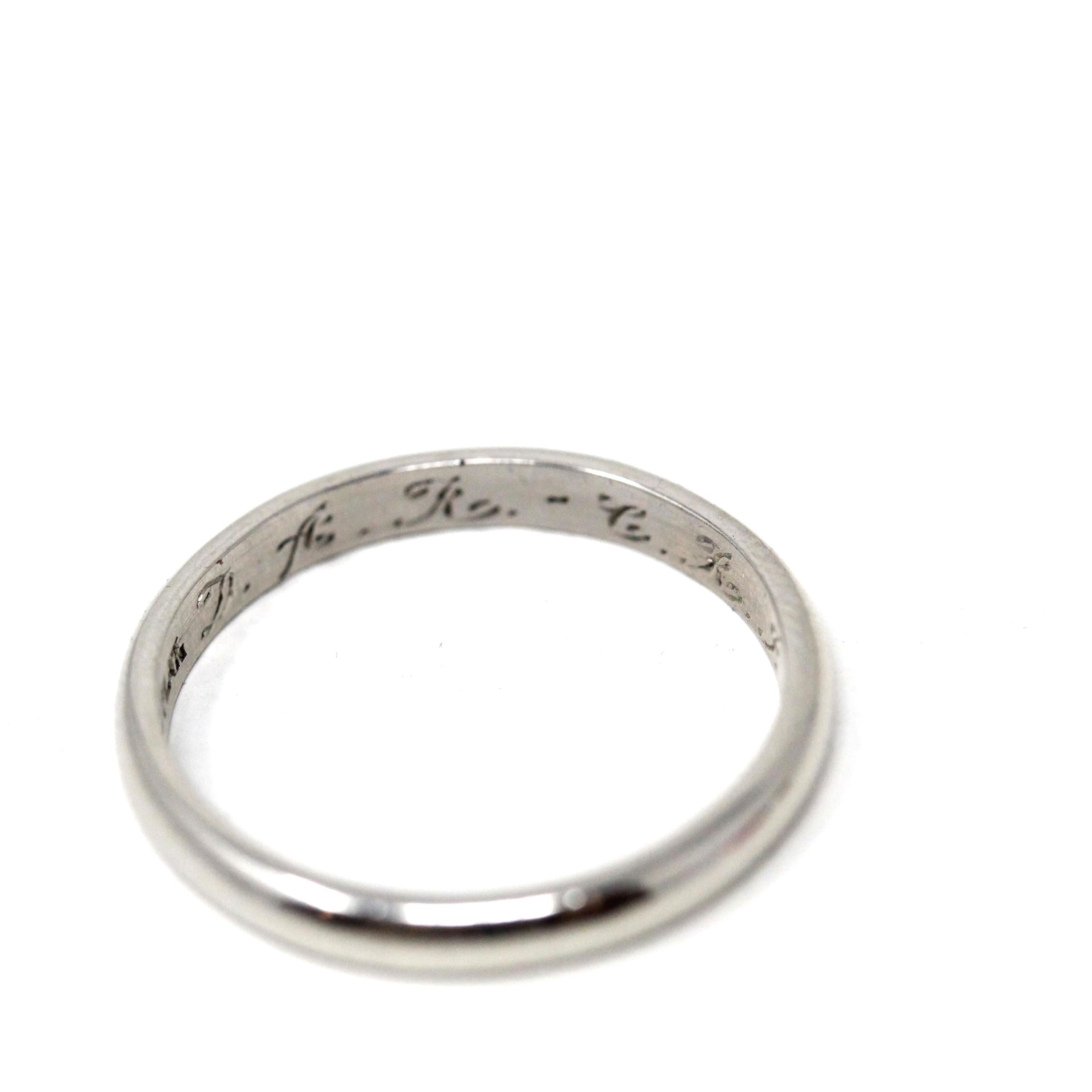 1970 Wedding Band - Retro Platinum Engraved Unadorned Ring - Vintage Dated "5-16-1970" Size 5 1/4 Fine Stacking Jewelry