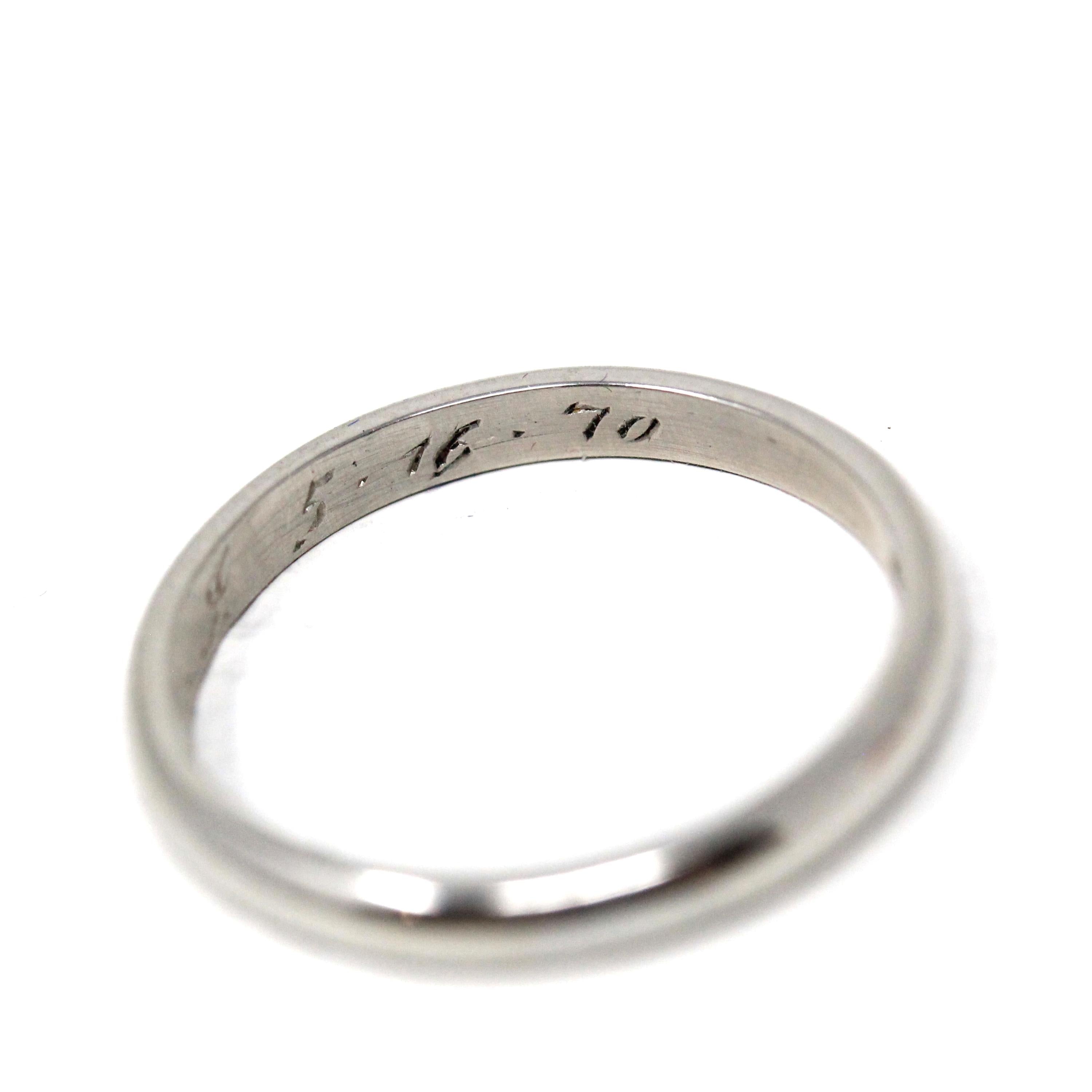 1970 Wedding Band - Retro Platinum Engraved Unadorned Ring - Vintage Dated "5-16-1970" Size 5 1/4 Fine Stacking Jewelry