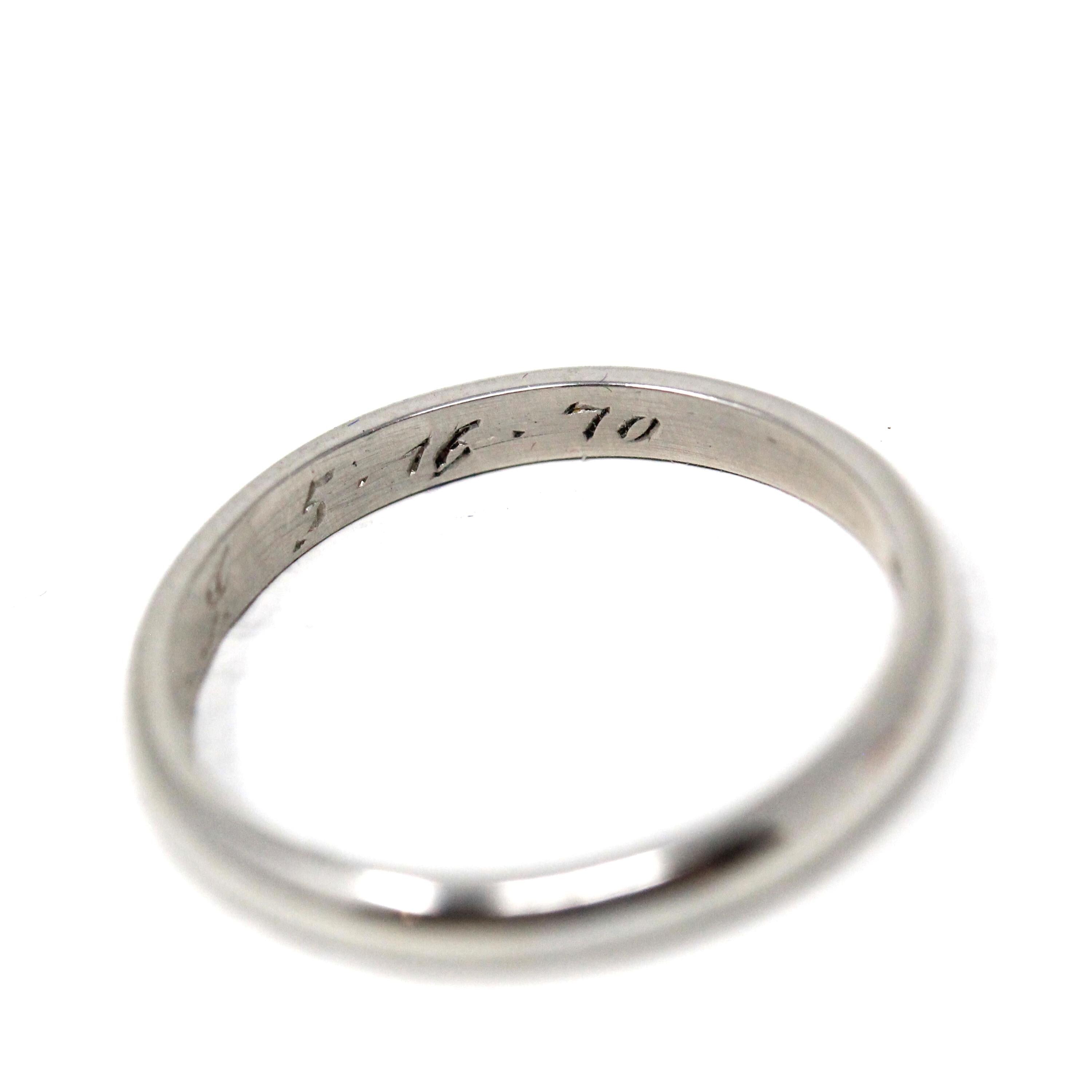1970 Wedding Band - Retro Platinum Engraved Unadorned Ring - Vintage Dated "5-16-1970" Size 5 1/4 Fine Stacking Jewelry