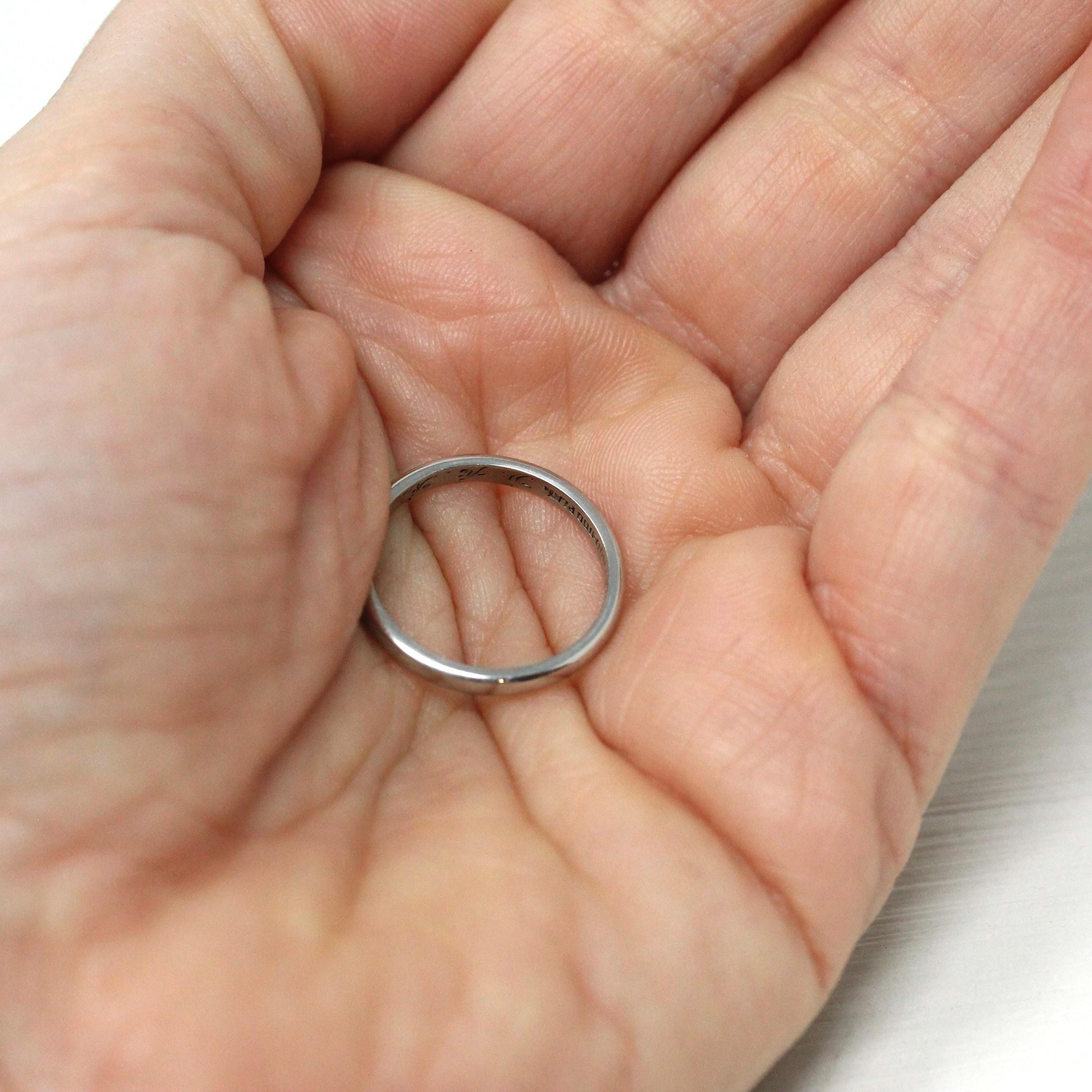 1970 Wedding Band - Retro Platinum Engraved Unadorned Ring - Vintage Dated "5-16-1970" Size 5 1/4 Fine Stacking Jewelry