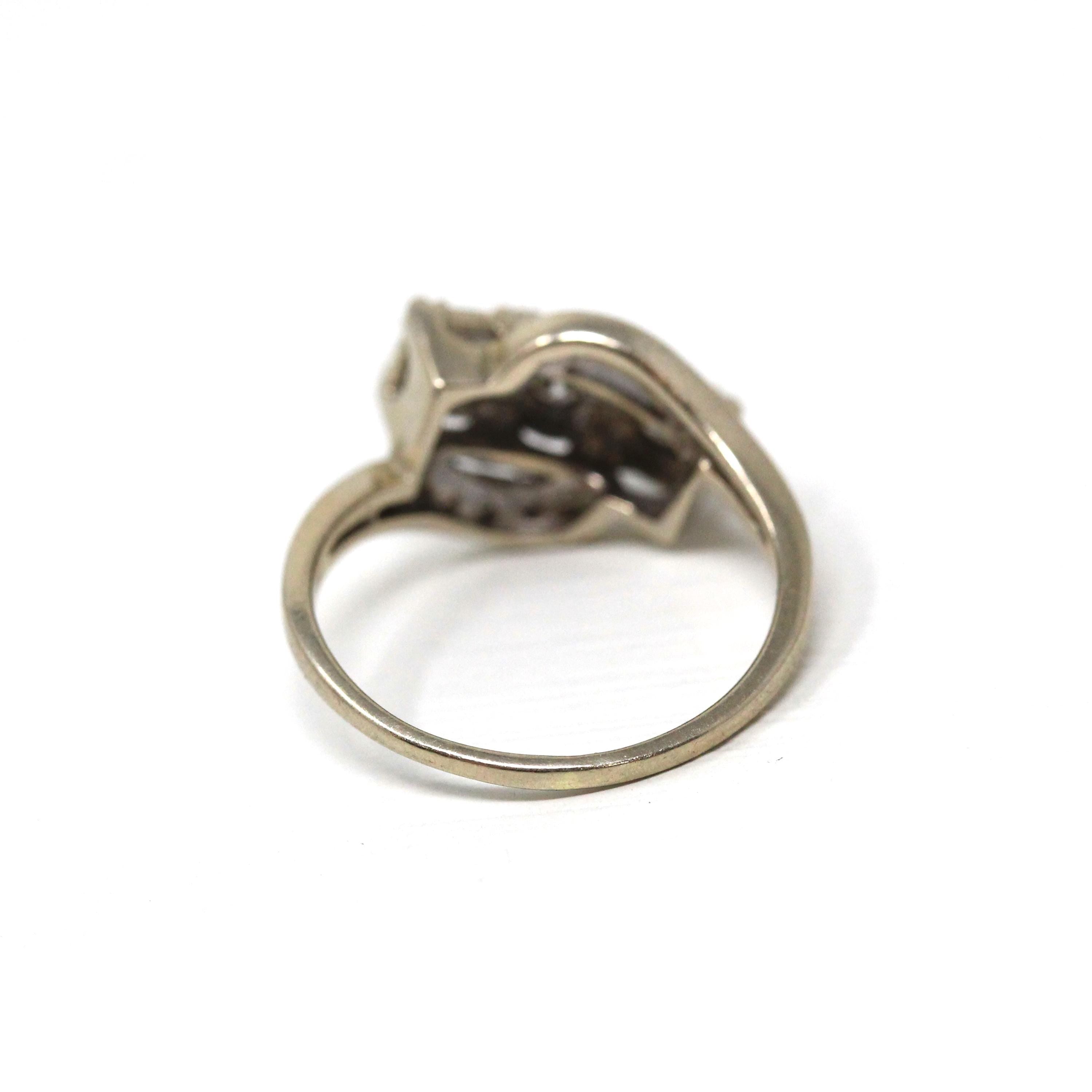 Diamond Bypass Ring - Mid Century 14k White Gold Natural Gemstones Cocktail Statement - Vintage 1950s Size 7 1/4 Three Stone Fine Jewelry