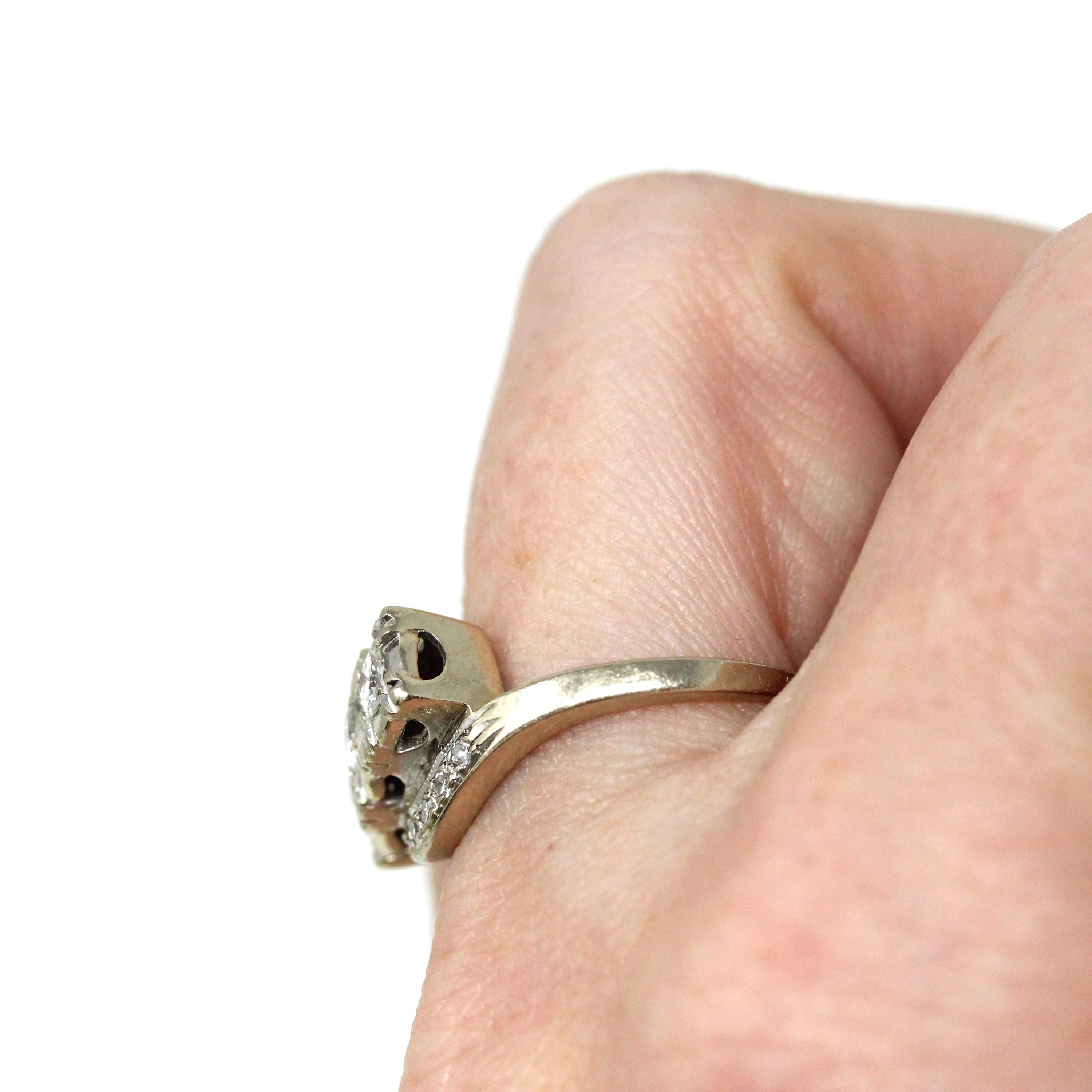 Diamond Bypass Ring - Mid Century 14k White Gold Natural Gemstones Cocktail Statement - Vintage 1950s Size 7 1/4 Three Stone Fine Jewelry