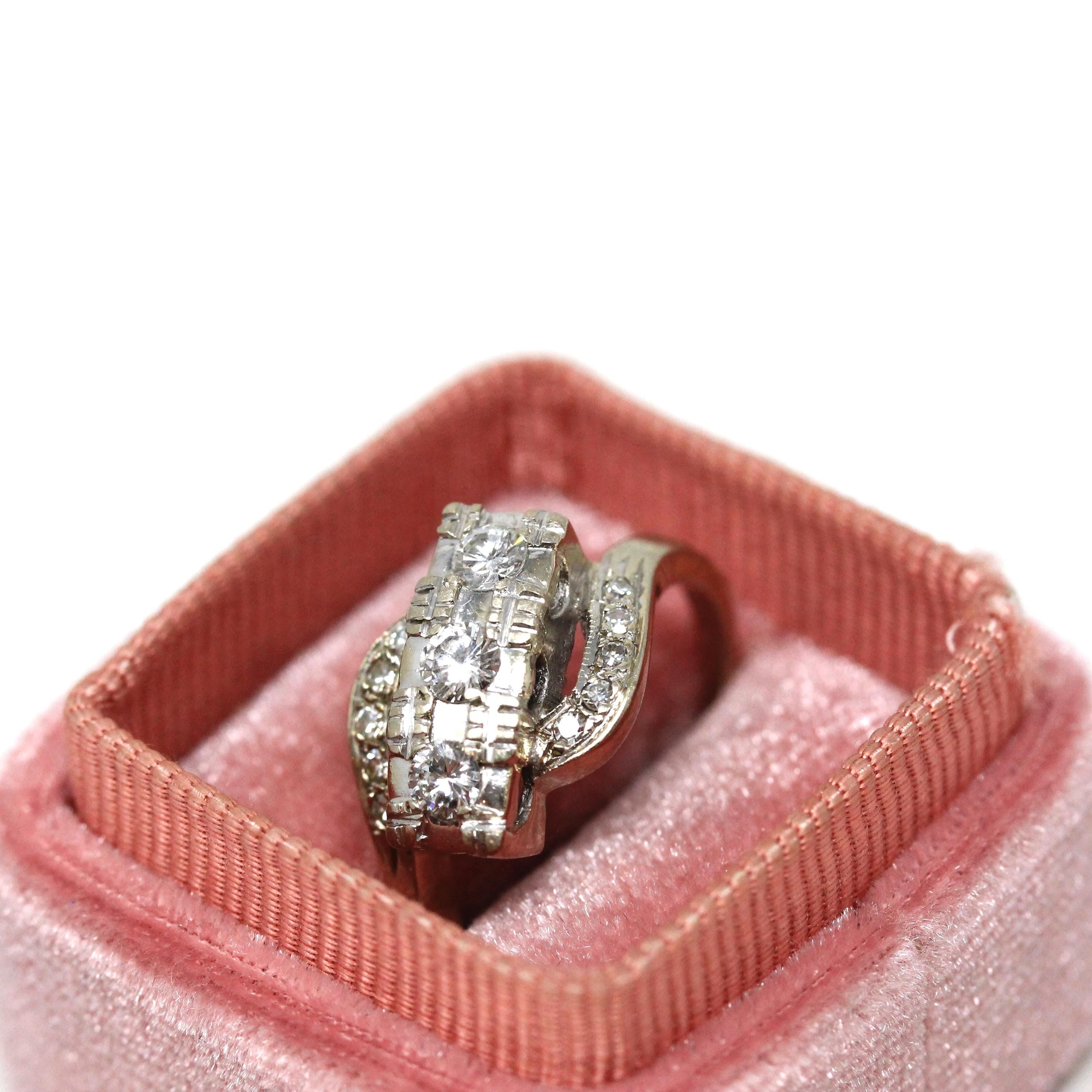 Diamond Bypass Ring - Mid Century 14k White Gold Natural Gemstones Cocktail Statement - Vintage 1950s Size 7 1/4 Three Stone Fine Jewelry