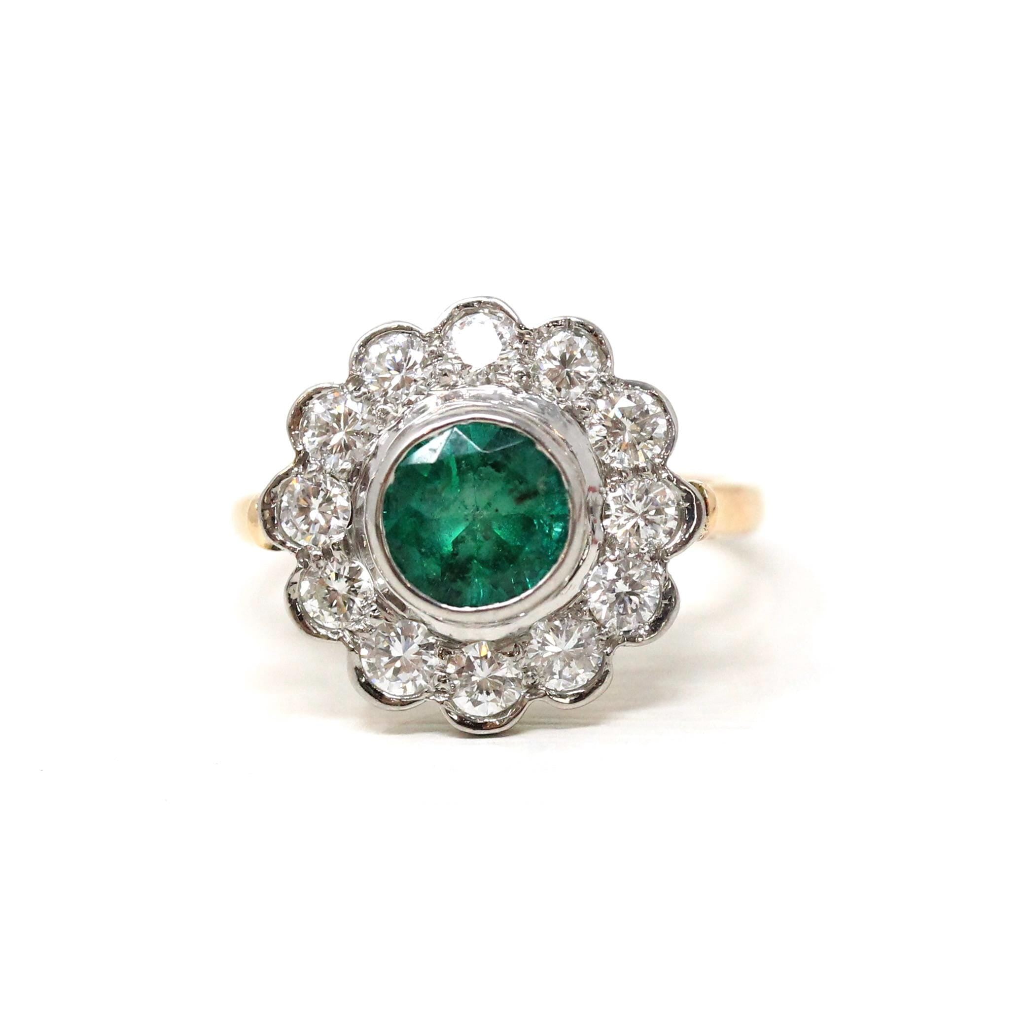 Emerald & Diamond Halo Ring - Modern 14k Yellow Gold Platinum Natural Green White Gemstones Engagement - Estate Size 5 Fine Cluster Jewelry