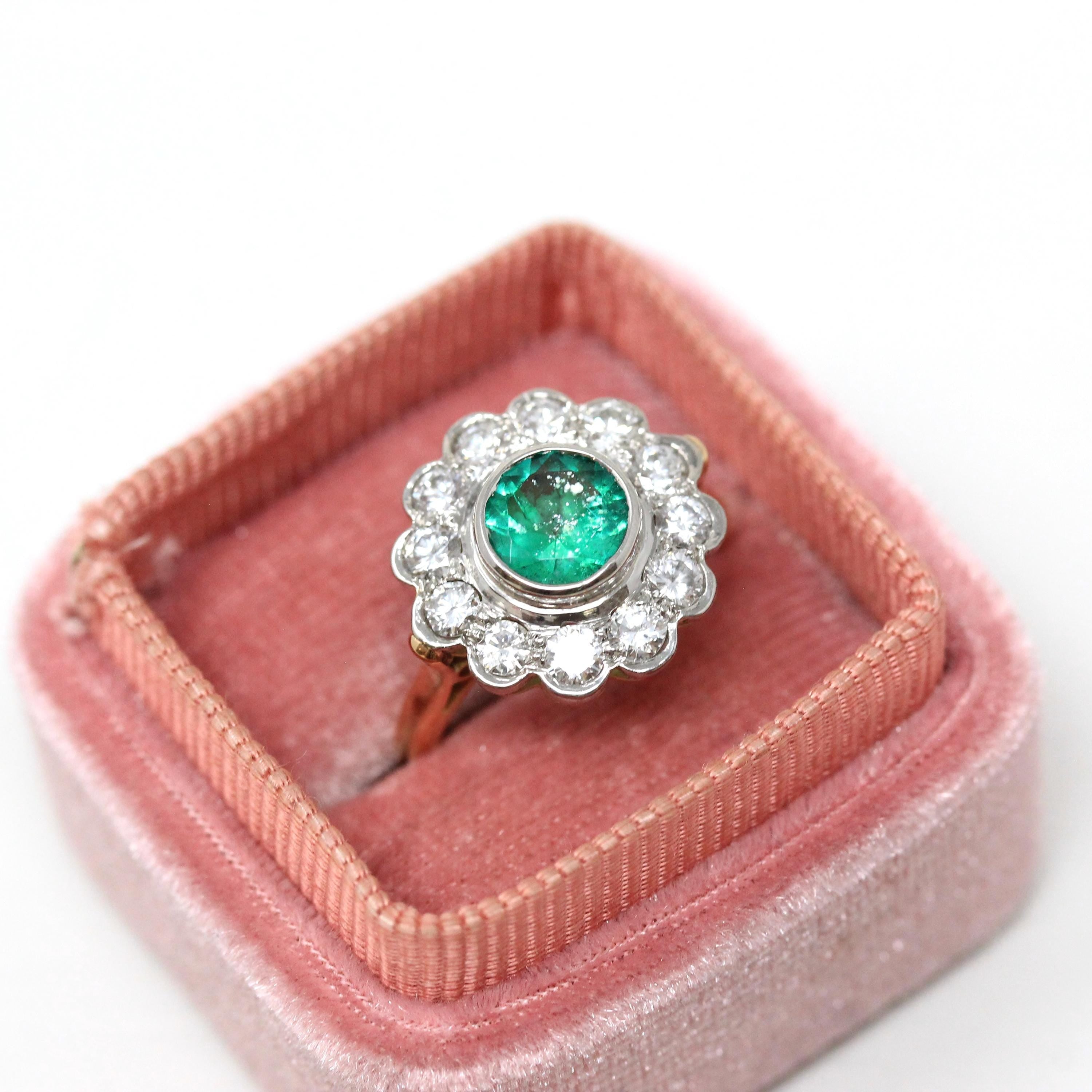 Emerald & Diamond Halo Ring - Modern 14k Yellow Gold Platinum Natural Green White Gemstones Engagement - Estate Size 5 Fine Cluster Jewelry