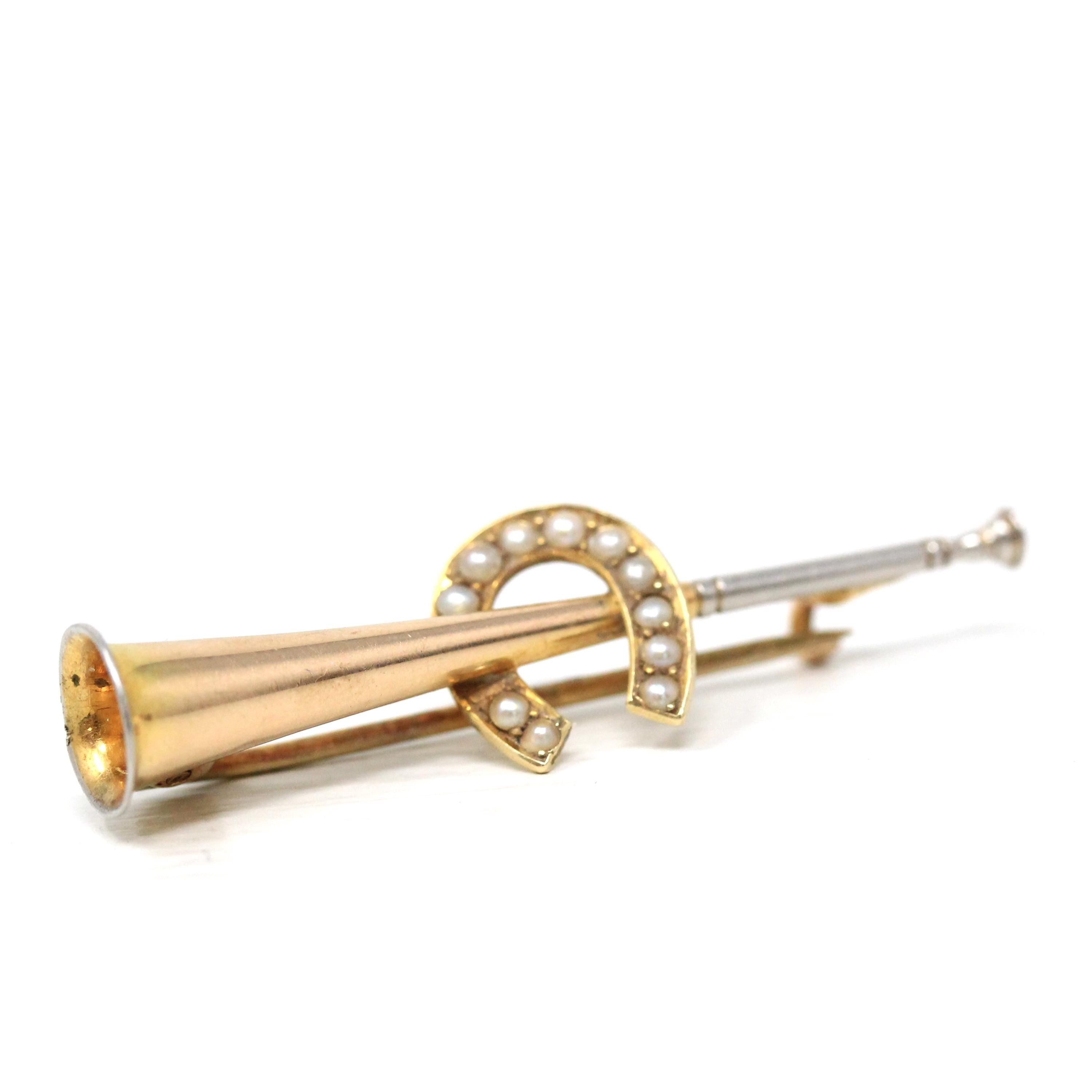 Antique Equestrian Brooch - Edwardian 15k Yellow Gold & Platinum Hunting Horn And Seed Pearl Horseshoe Pin - Circa 1900s Statement Jewelry