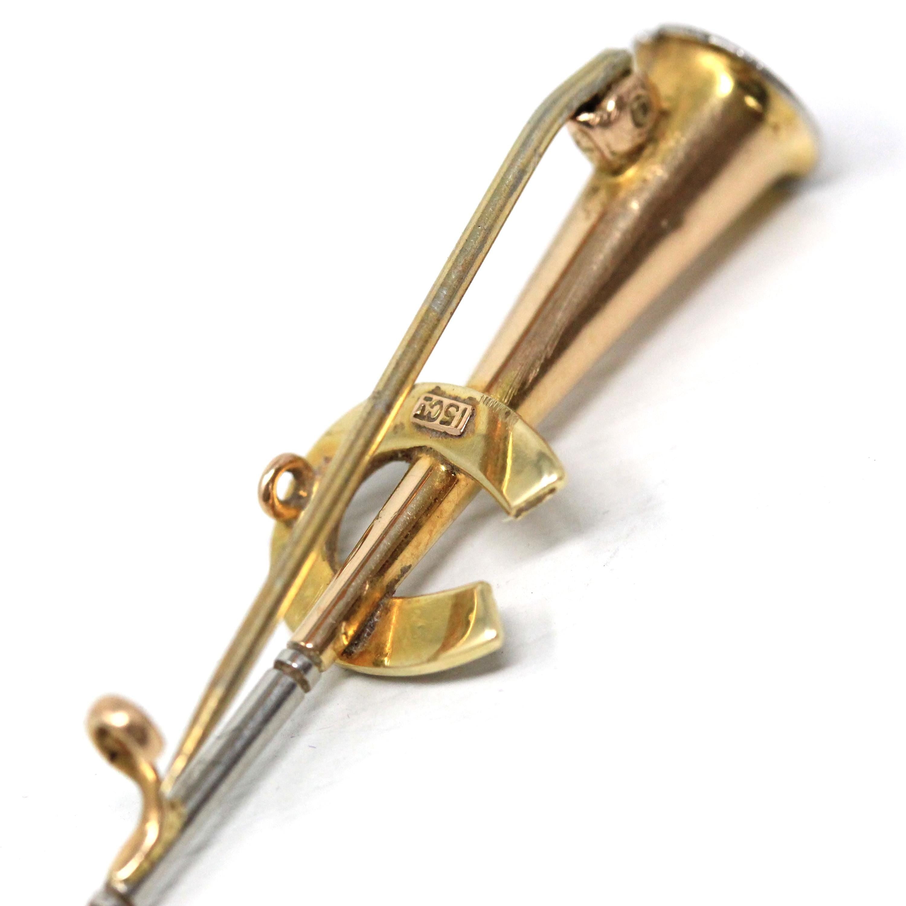 Antique Equestrian Brooch - Edwardian 15k Yellow Gold & Platinum Hunting Horn And Seed Pearl Horseshoe Pin - Circa 1900s Statement Jewelry