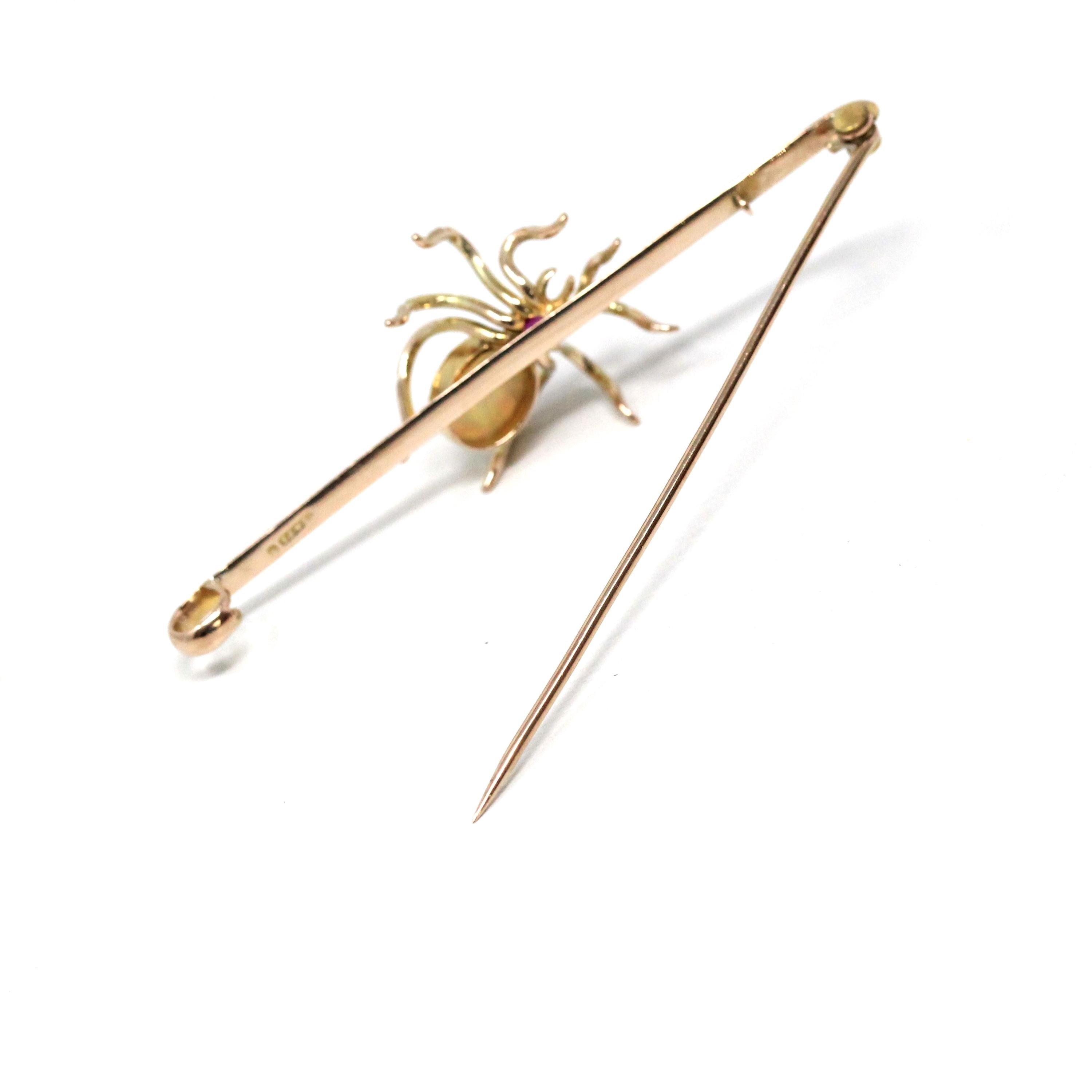 Antique Spider Brooch - Edwardian 9k Yellow Gold Ruby & Opal Gemstone - Vintage Circa 1900s Era Arachnid Pin Fine Insect Statement Accessory