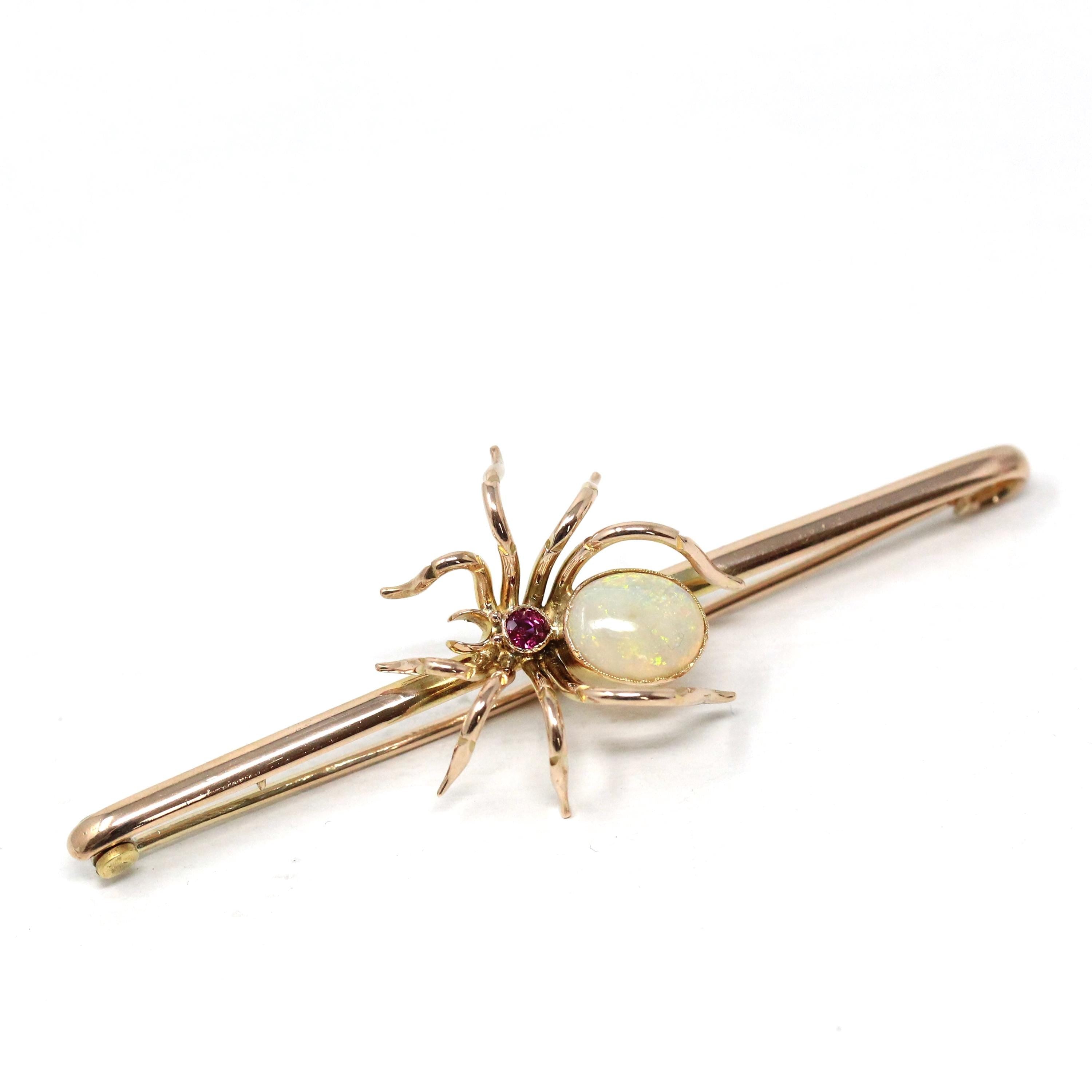 Antique Spider Brooch - Edwardian 9k Yellow Gold Ruby & Opal Gemstone - Vintage Circa 1900s Era Arachnid Pin Fine Insect Statement Accessory