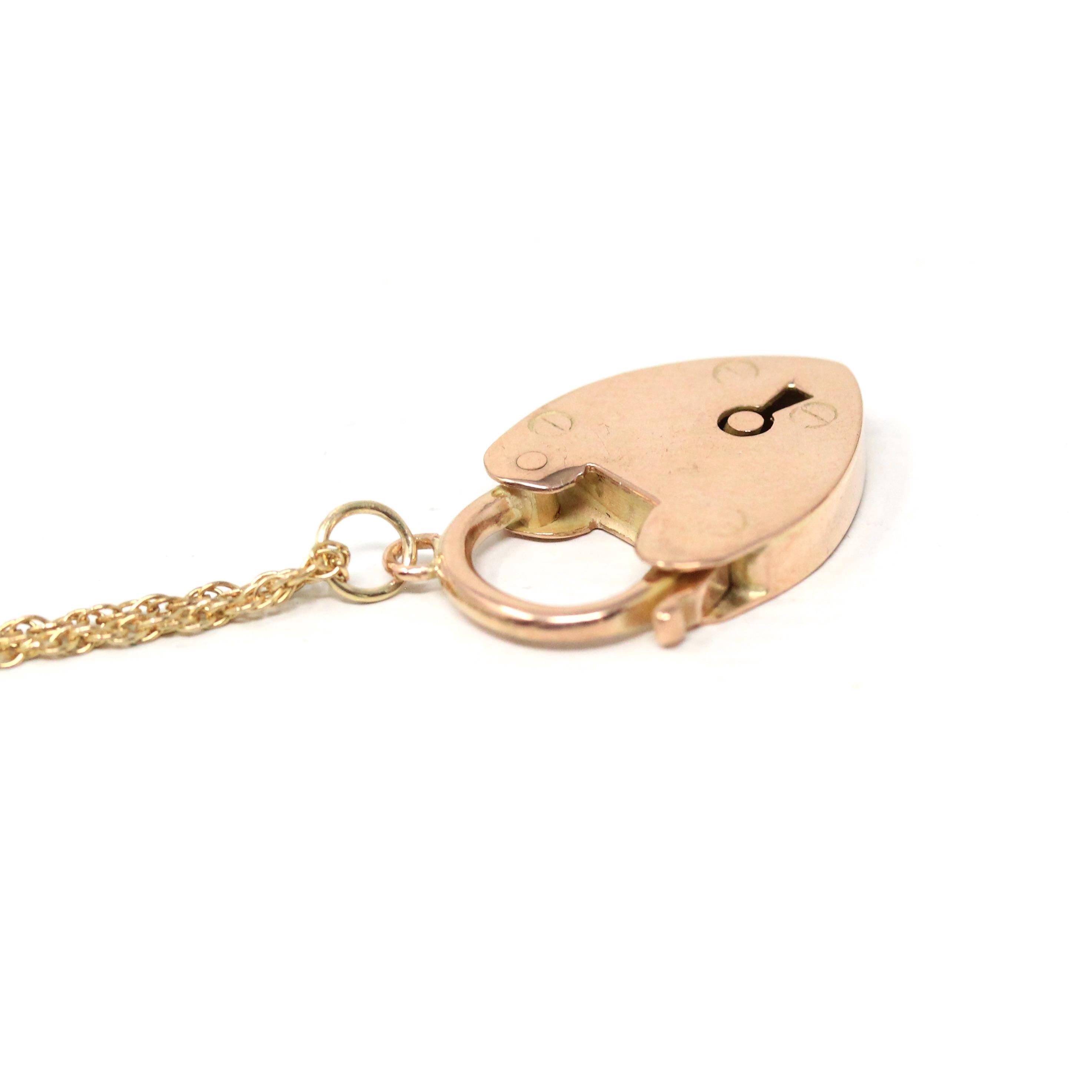 Antique Padlock Necklace - Edwardian 9ct Rose Gold Heart Shaped Lock Key Pendant Charm - Vintage Circa 1910s Era Statement Fine Jewelry