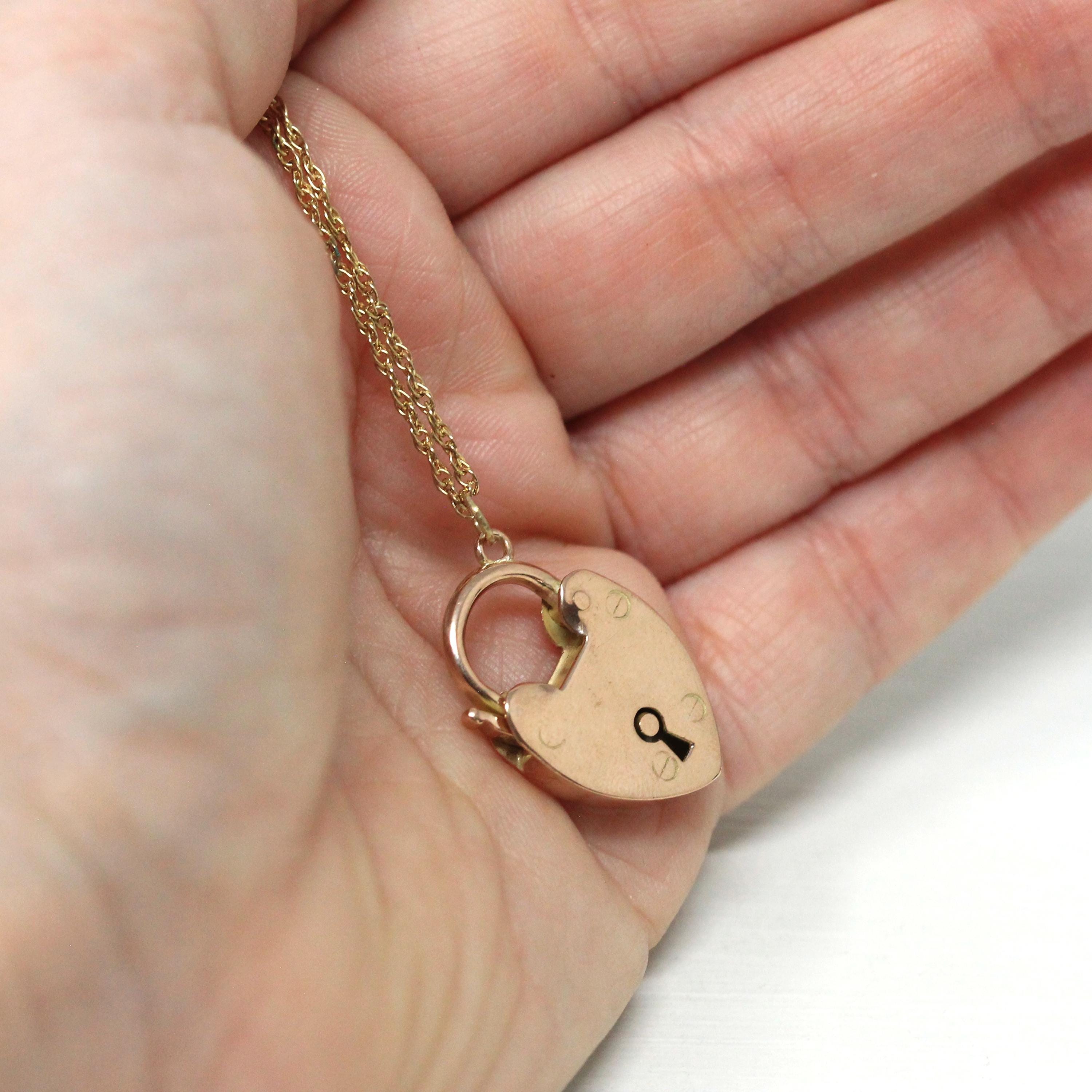 Antique Padlock Necklace - Edwardian 9ct Rose Gold Heart Shaped Lock Key Pendant Charm - Vintage Circa 1910s Era Statement Fine Jewelry