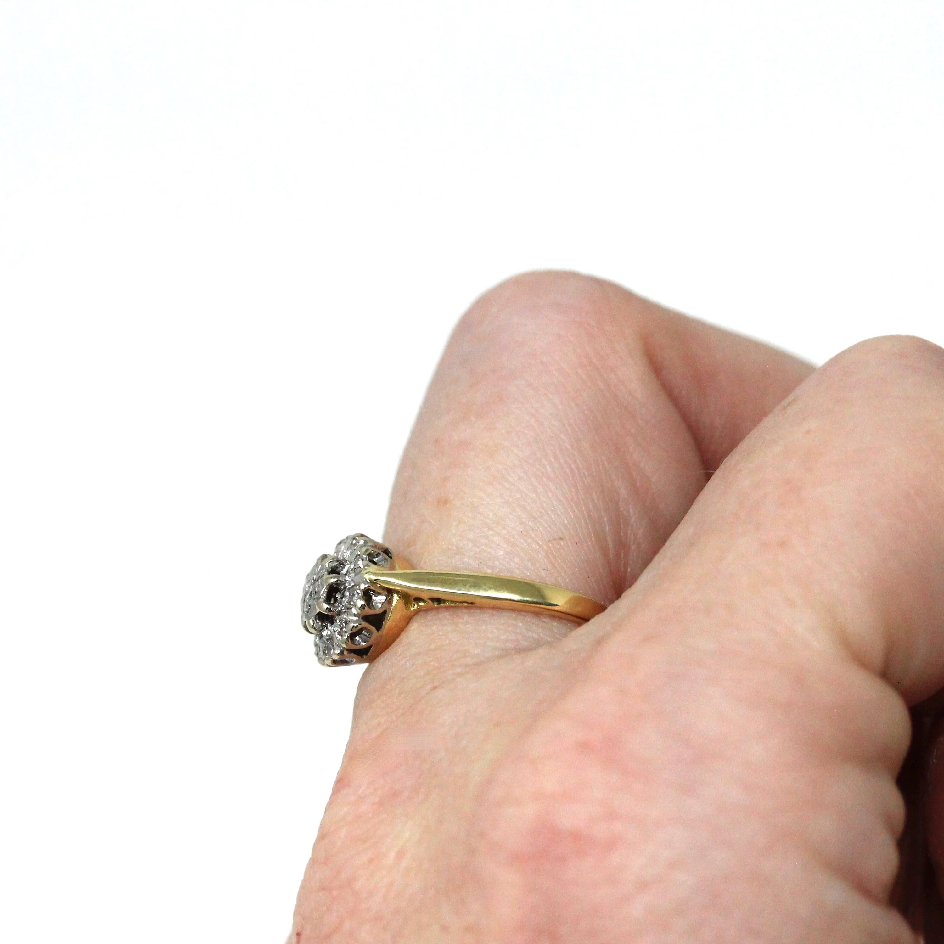 Diamond Halo Ring - Retro 18k Yellow & White Gold Natural Gemstone Engagement - Vintage Hallmarked 1971 Size 6 Two Tone Cluster Fine Jewelry