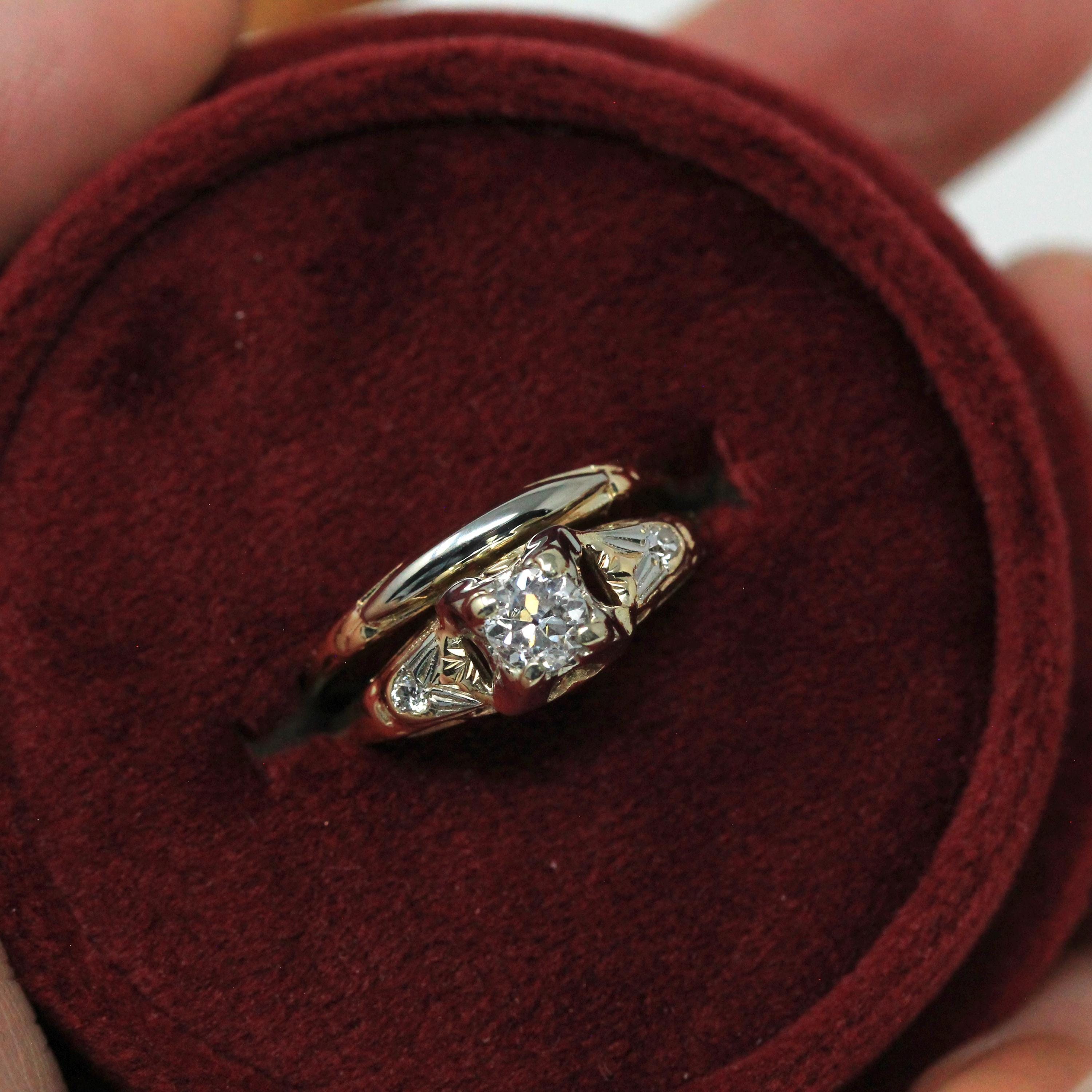 Vintage Wedding Ring Set - Retro 14k Yellow & White Gold Natural Diamonds Two Tone Illusion - Circa 1940s Size 6 1/4 Soldered Fine Jewelry