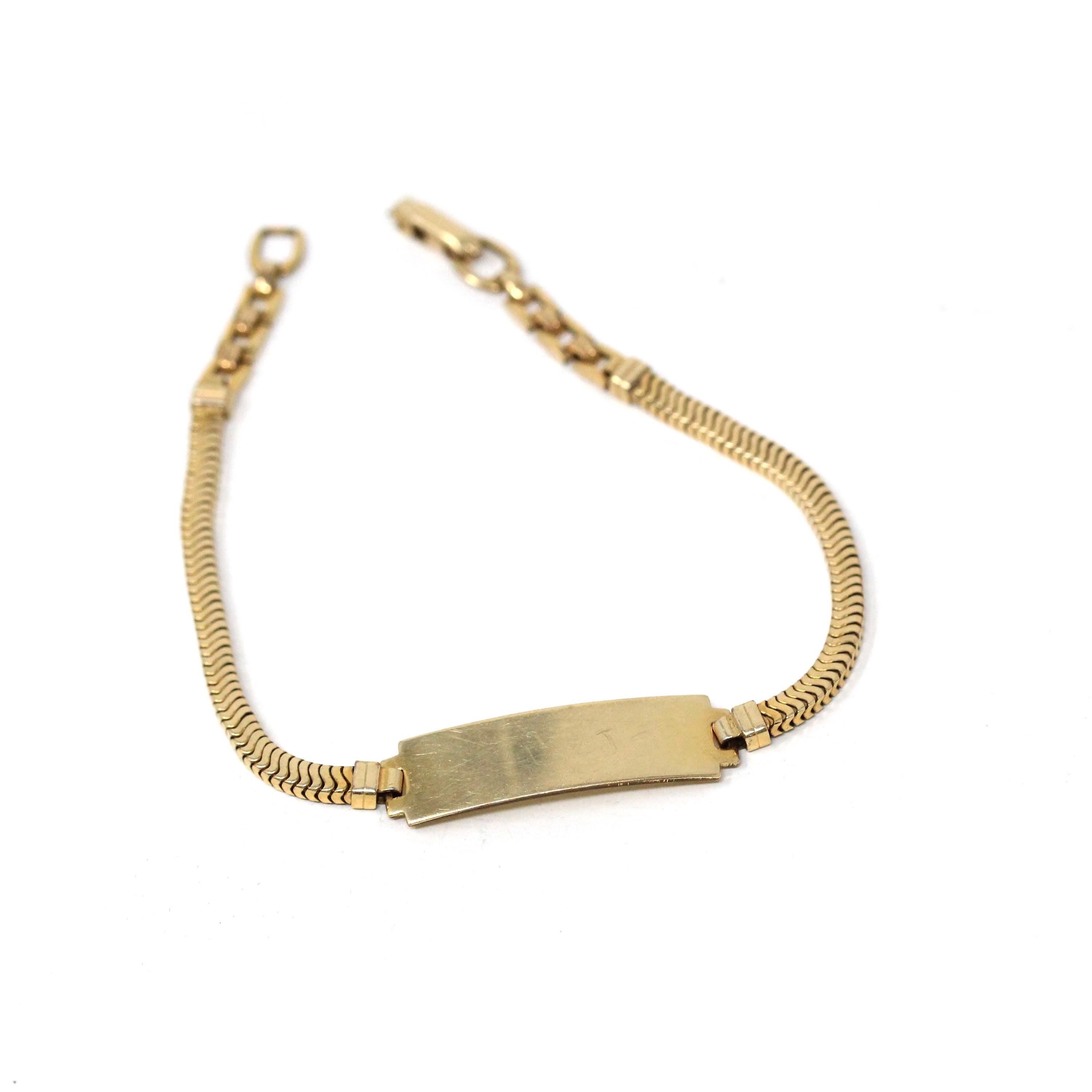 Vintage ID Bracelet - Retro 12k Gold Filled Snake Chain 6 1/2 Inches - Circa 1960s Era Blank Nameplate Fold Over Box Clasp Petite Jewelry