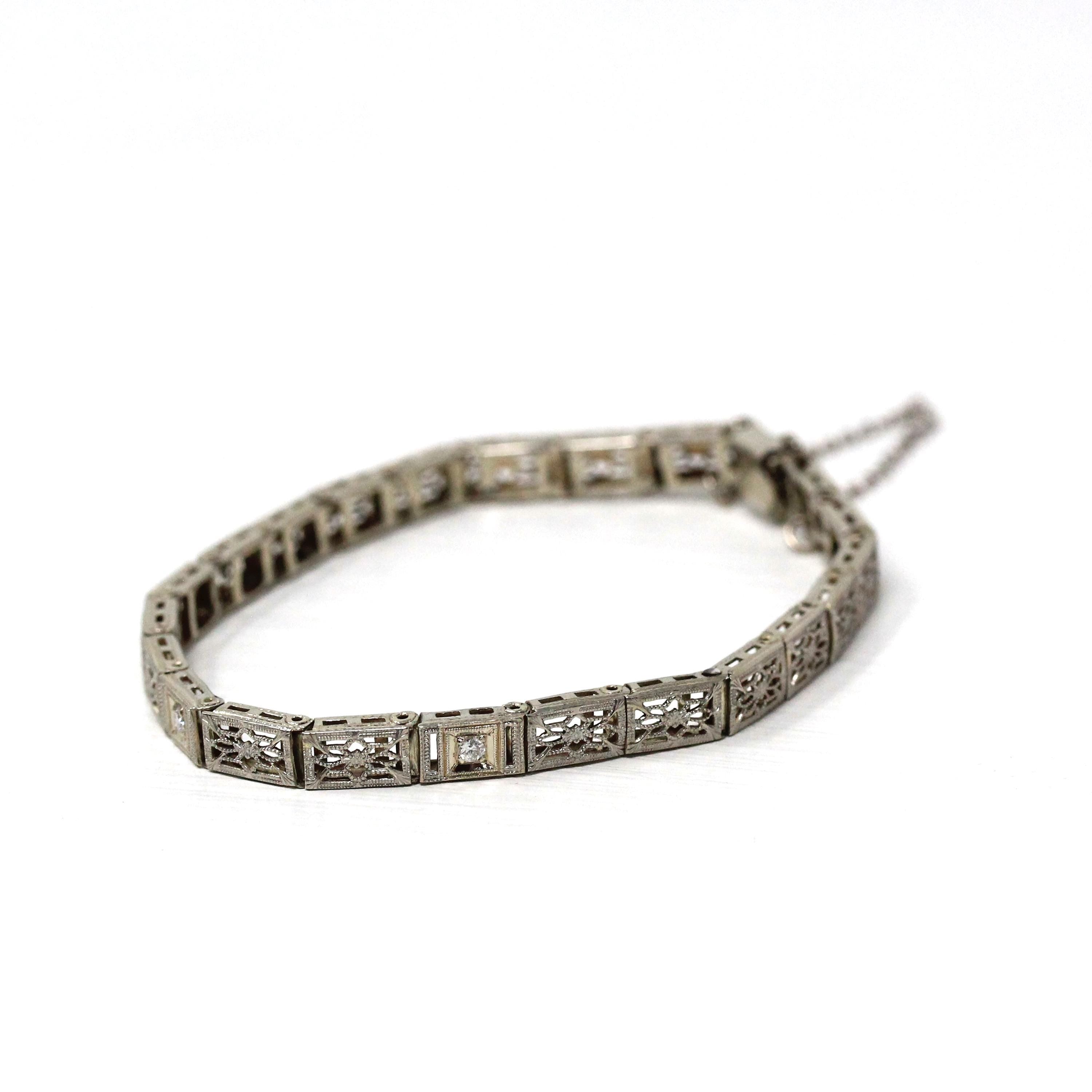 Art Deco Bracelet - Vintage 14k White Gold Flower Filigree .06 CTW Diamonds - Circa 1930s Line Tennis Style Fashion Accessory Fine Jewelry