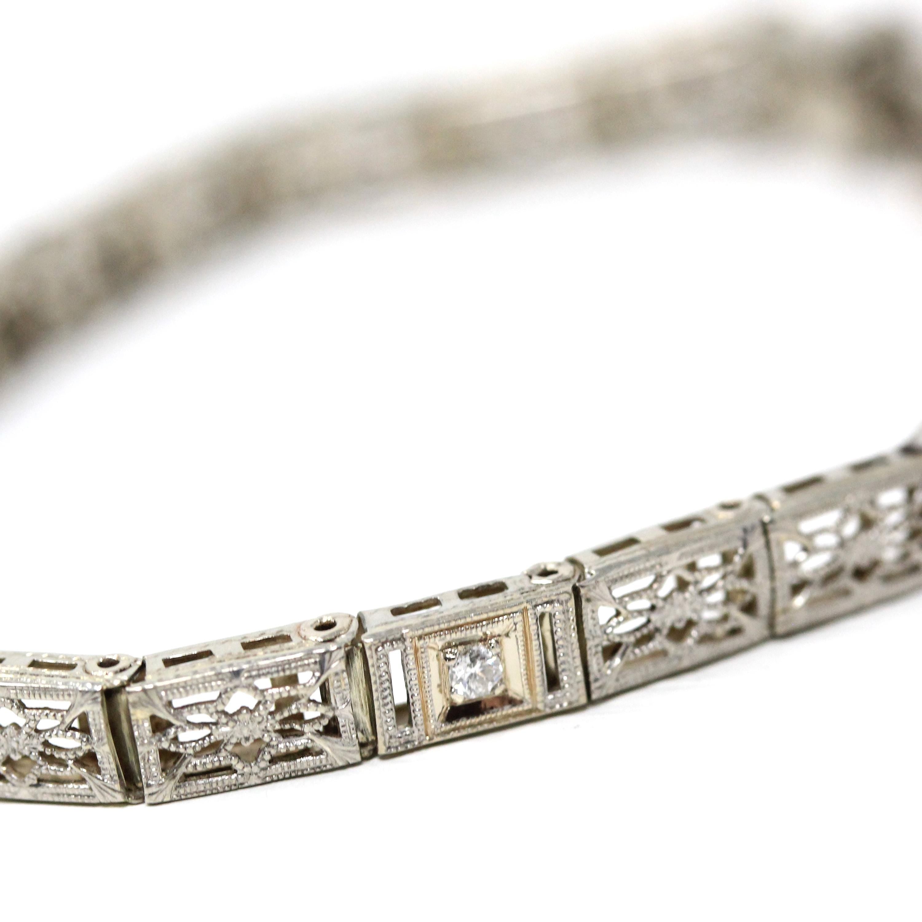 Art Deco Bracelet - Vintage 14k White Gold Flower Filigree .06 CTW Diamonds - Circa 1930s Line Tennis Style Fashion Accessory Fine Jewelry