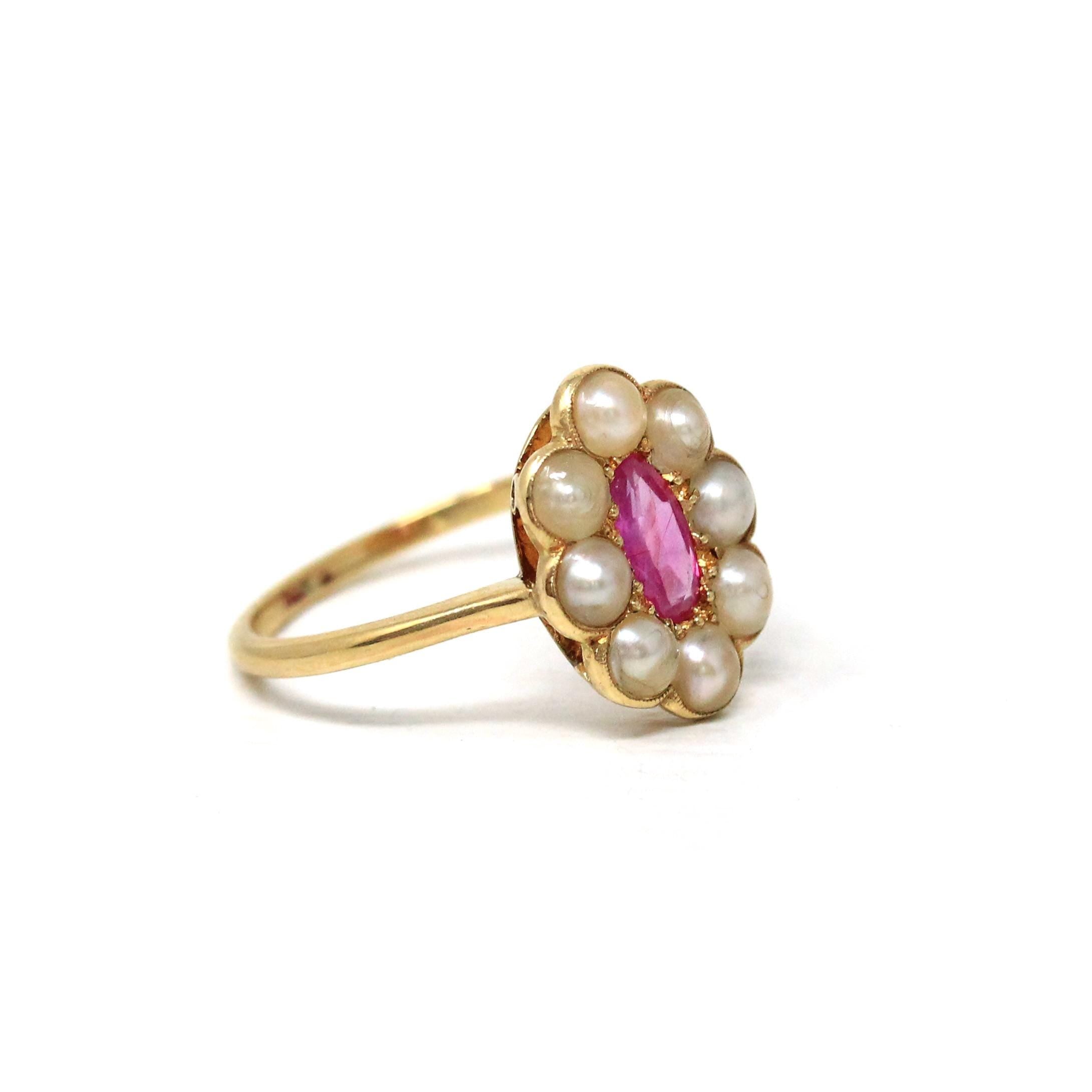 Edwardian Halo Ring - Antique 18k Yellow Gold Natural Pink Sapphire & Cultured Pearls - Circa 1910s Era Size 8 Fine Statement Jewelry