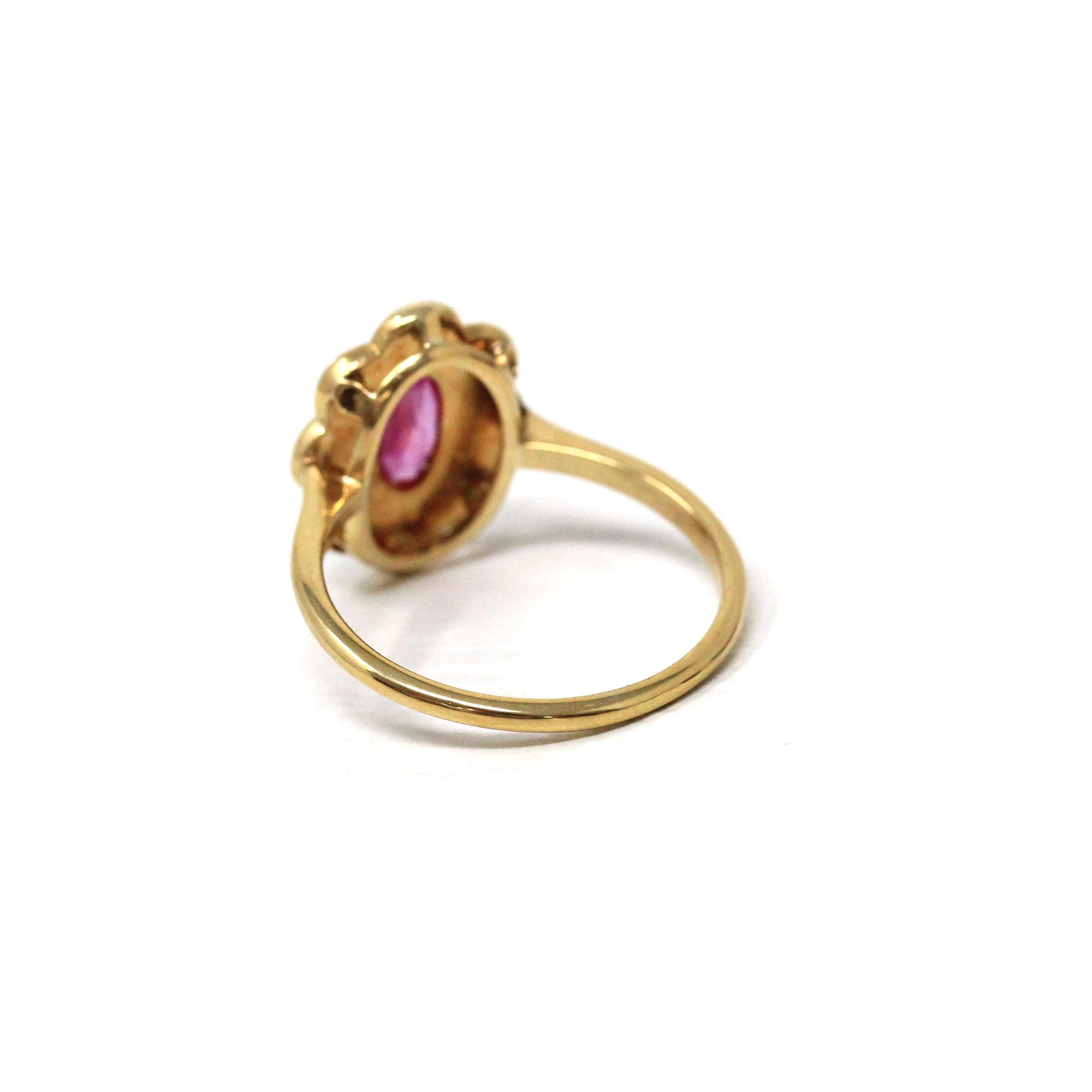 Edwardian Halo Ring - Antique 18k Yellow Gold Natural Pink Sapphire & Cultured Pearls - Circa 1910s Era Size 8 Fine Statement Jewelry