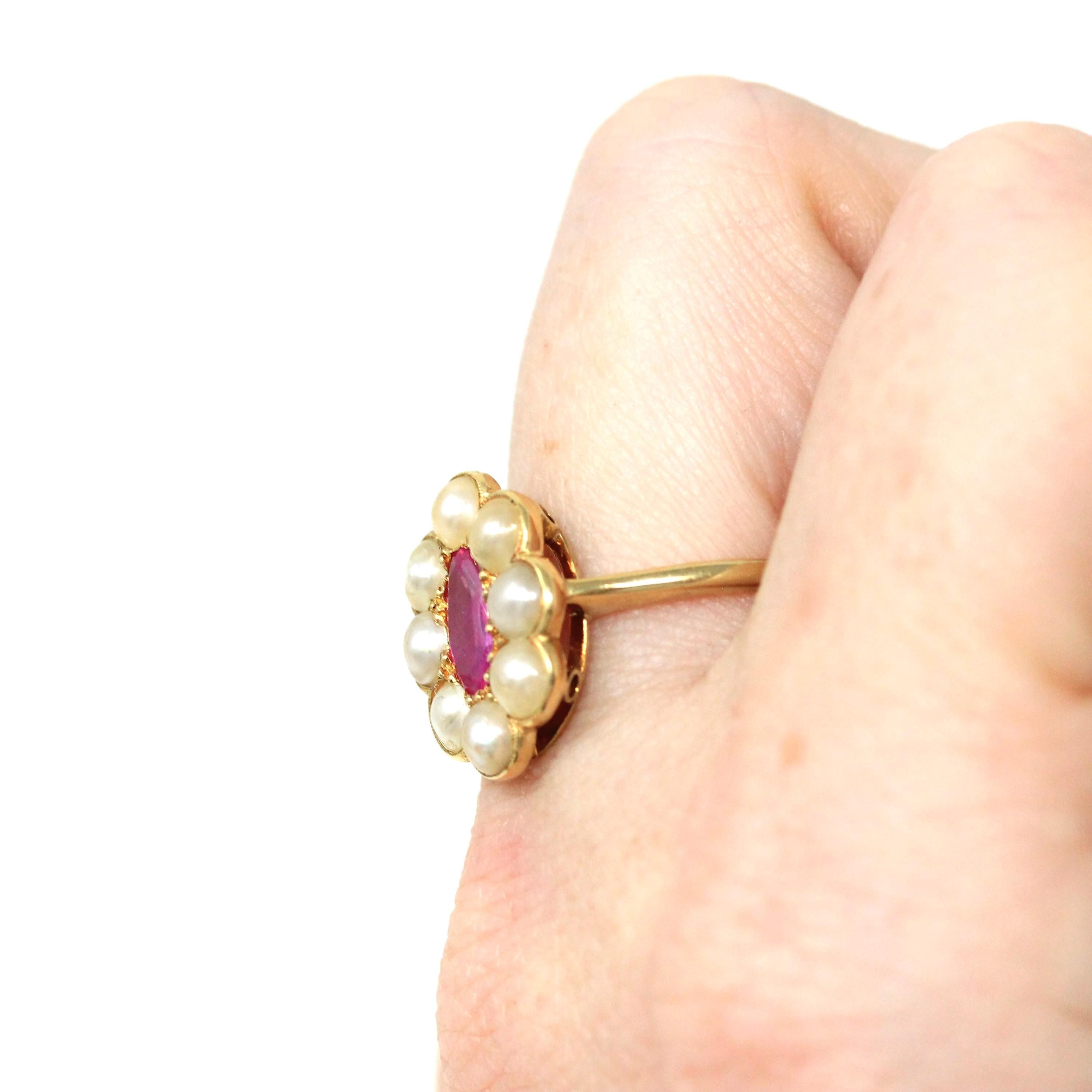 Edwardian Halo Ring - Antique 18k Yellow Gold Natural Pink Sapphire & Cultured Pearls - Circa 1910s Era Size 8 Fine Statement Jewelry