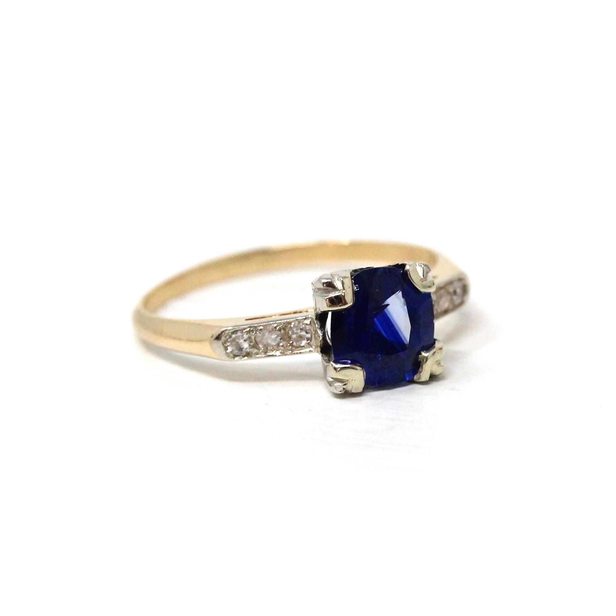 Mid Century Sapphire Engagement Ring - Vintage 14k Yellow White Gold Natural Blue Gemstone Diamonds - Circa 1950s Size 6 1/4 Fine Jewelry