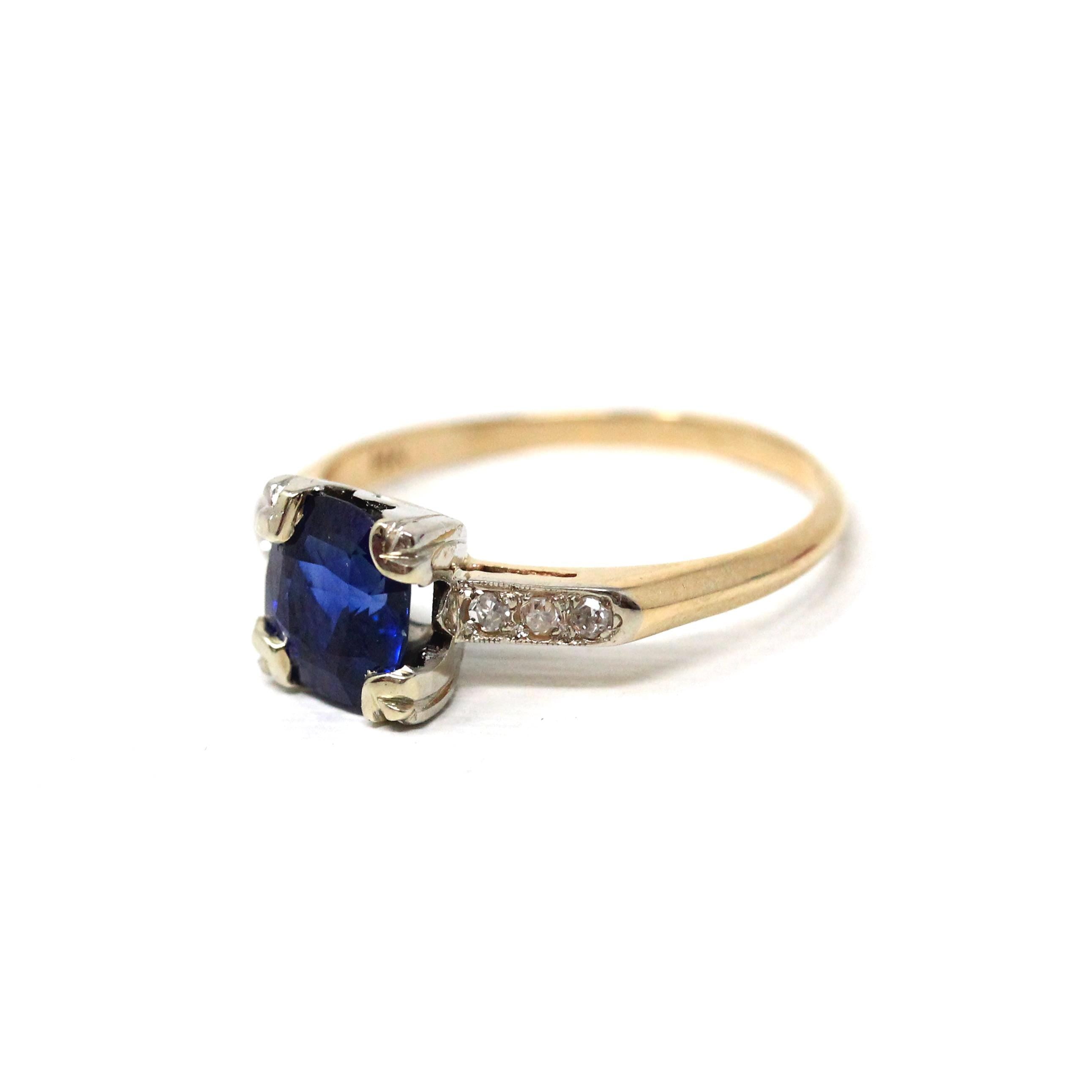 Mid Century Sapphire Engagement Ring - Vintage 14k Yellow White Gold Natural Blue Gemstone Diamonds - Circa 1950s Size 6 1/4 Fine Jewelry
