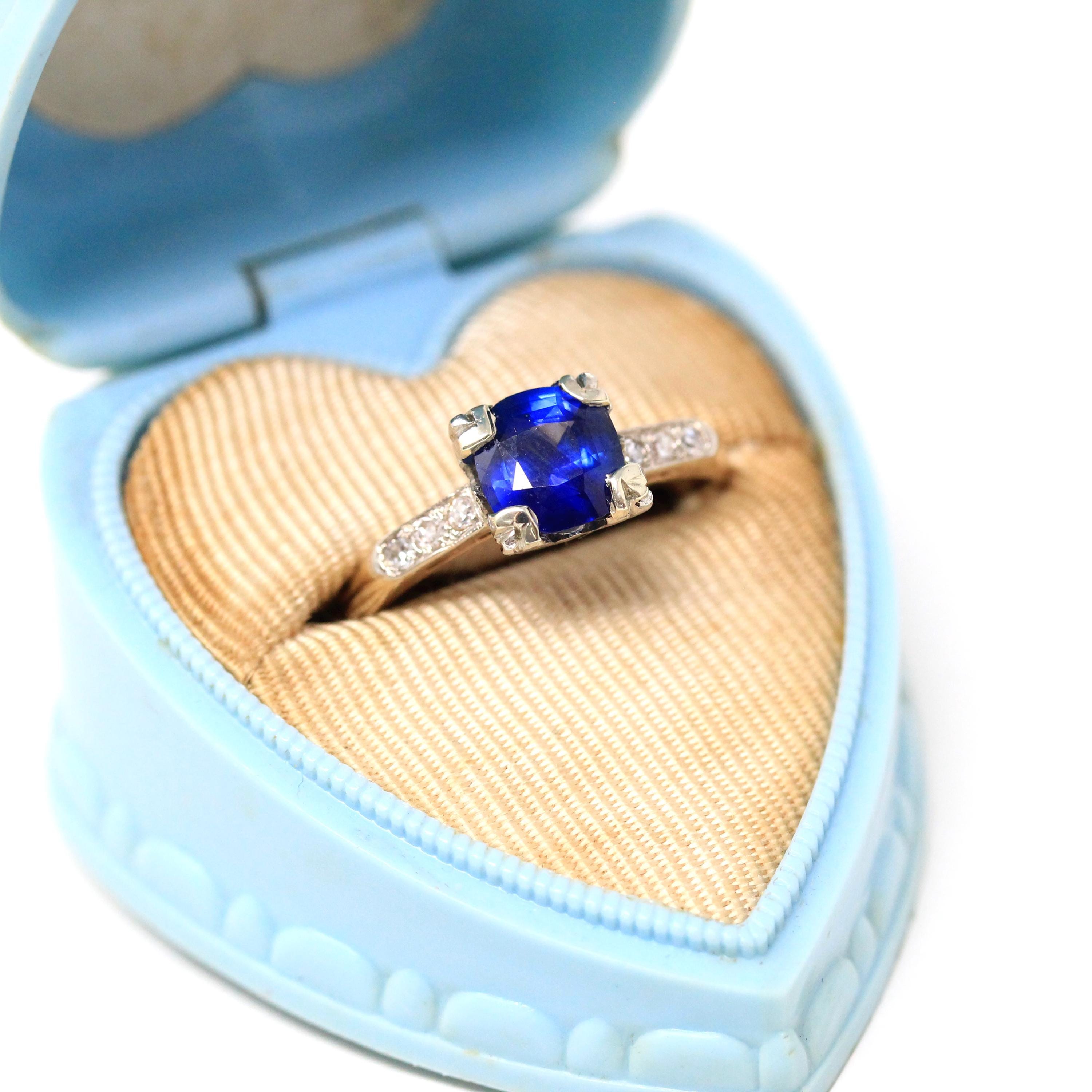 Mid Century Sapphire Engagement Ring - Vintage 14k Yellow White Gold Natural Blue Gemstone Diamonds - Circa 1950s Size 6 1/4 Fine Jewelry