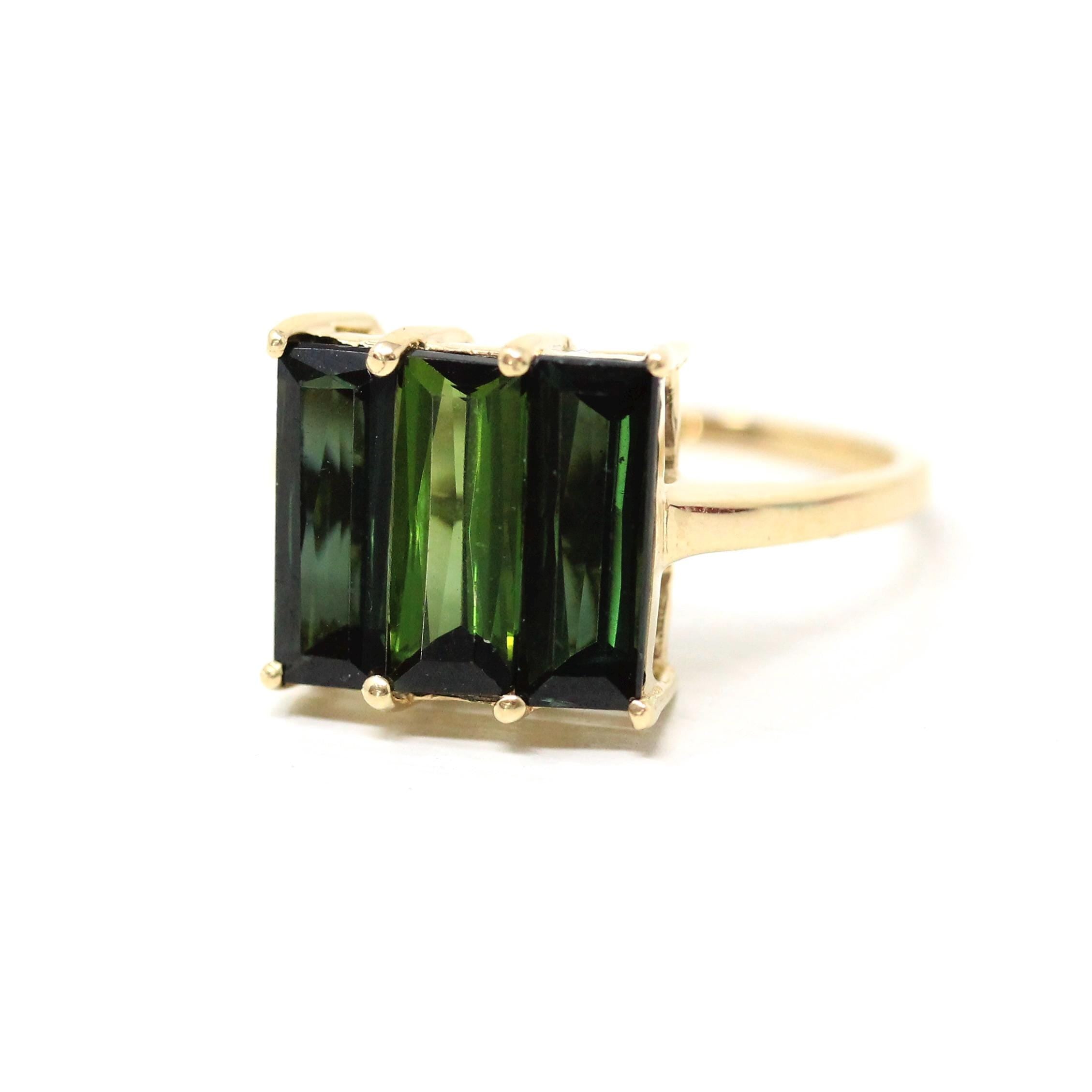 Green Tourmaline Ring - Modern Era 9k Yellow Gold Rectangular Green Gemstones - Estate Hallmarked 2013 Three Stone Size 7 1/4 Fine Jewelry