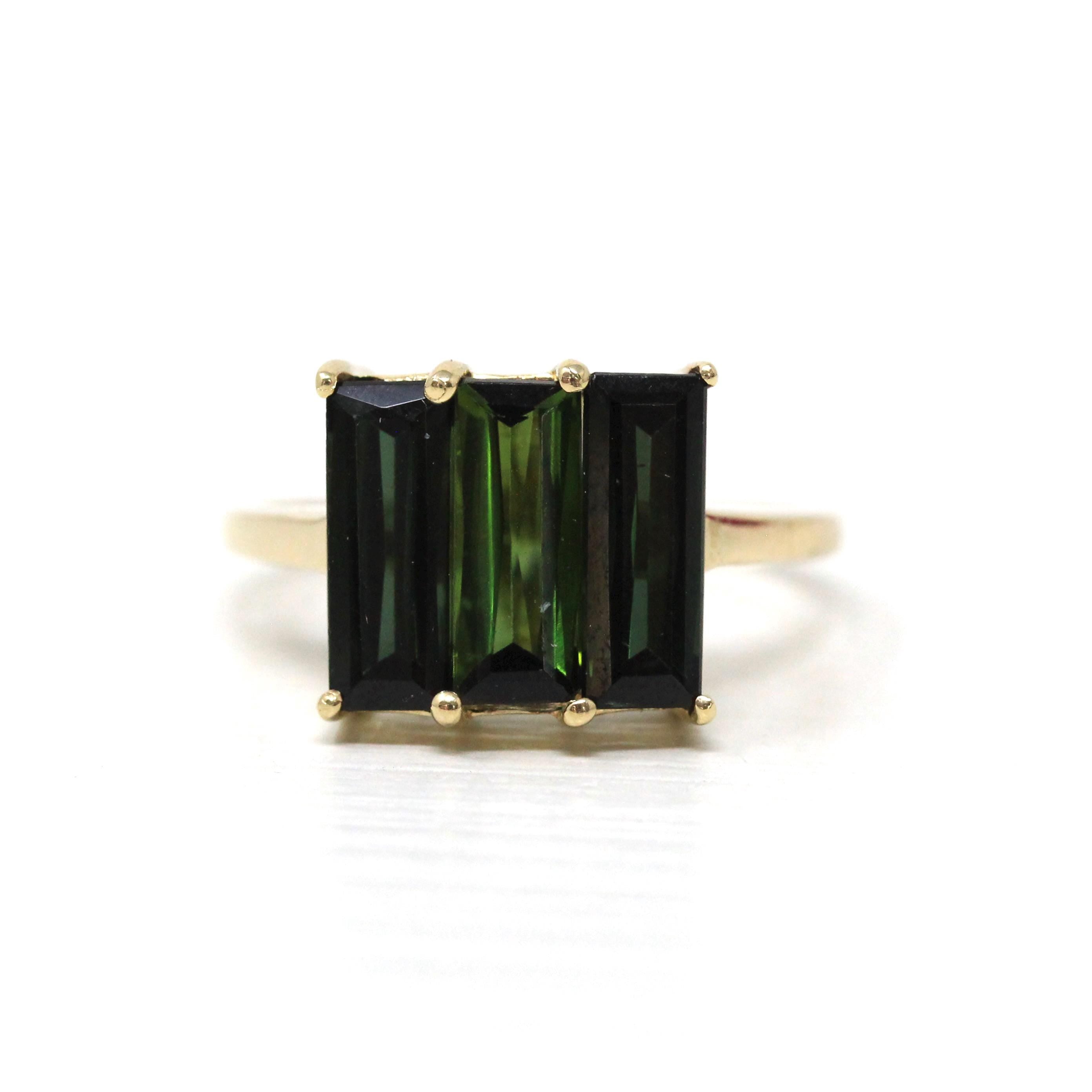 Green Tourmaline Ring - Modern Era 9k Yellow Gold Rectangular Green Gemstones - Estate Hallmarked 2013 Three Stone Size 7 1/4 Fine Jewelry