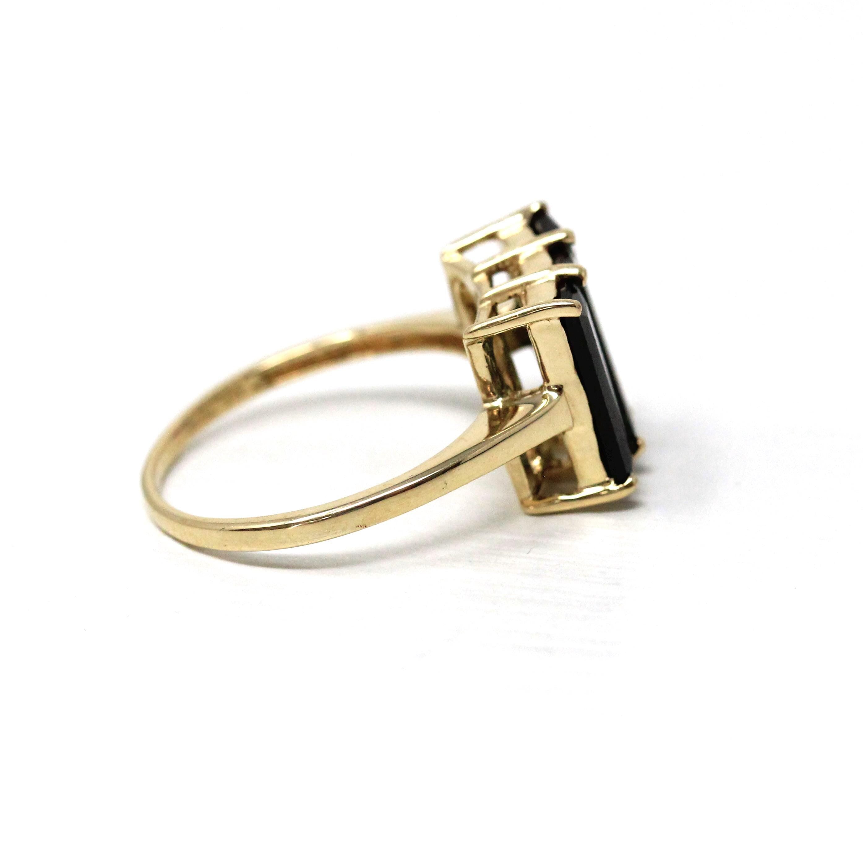 Green Tourmaline Ring - Modern Era 9k Yellow Gold Rectangular Green Gemstones - Estate Hallmarked 2013 Three Stone Size 7 1/4 Fine Jewelry