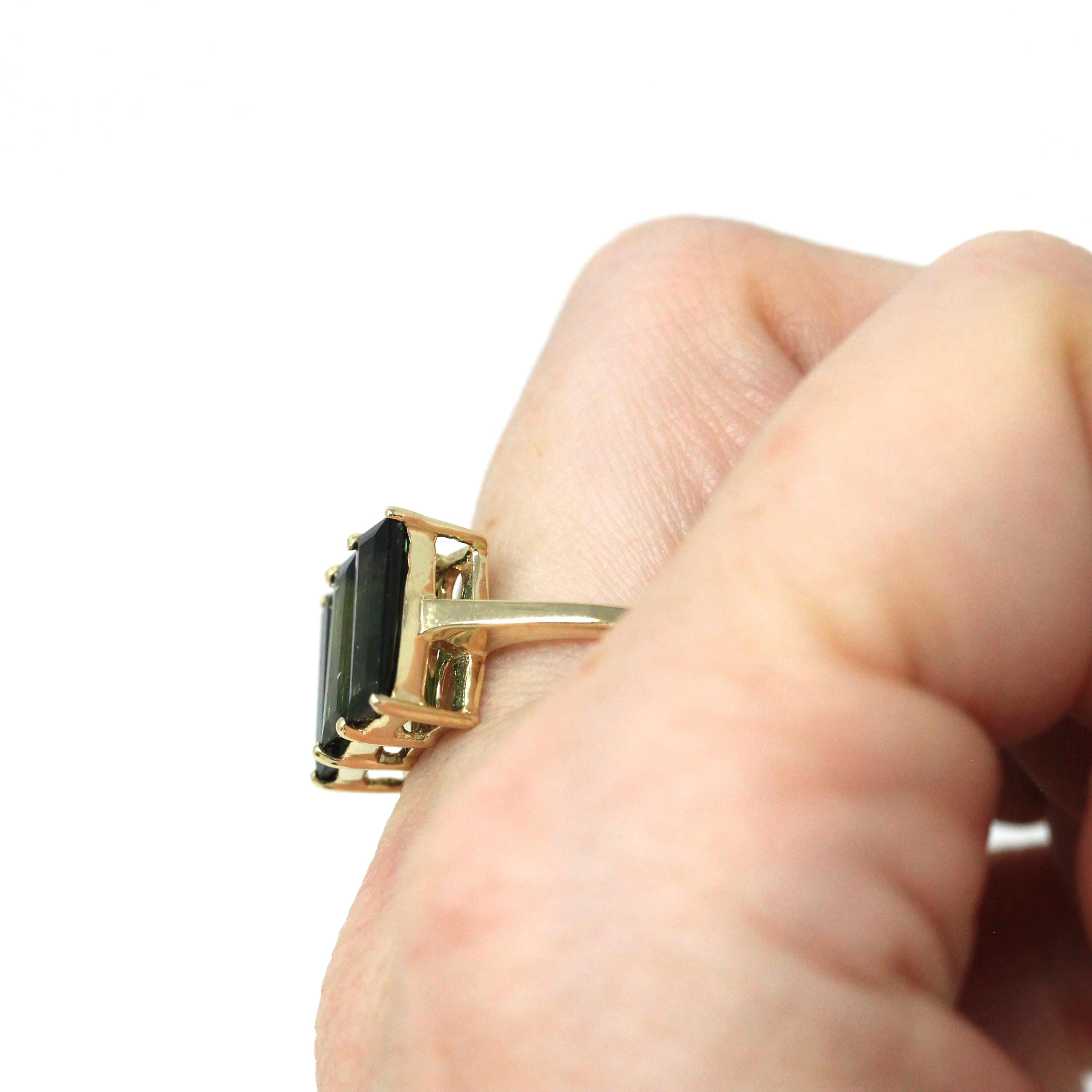 Green Tourmaline Ring - Modern Era 9k Yellow Gold Rectangular Green Gemstones - Estate Hallmarked 2013 Three Stone Size 7 1/4 Fine Jewelry