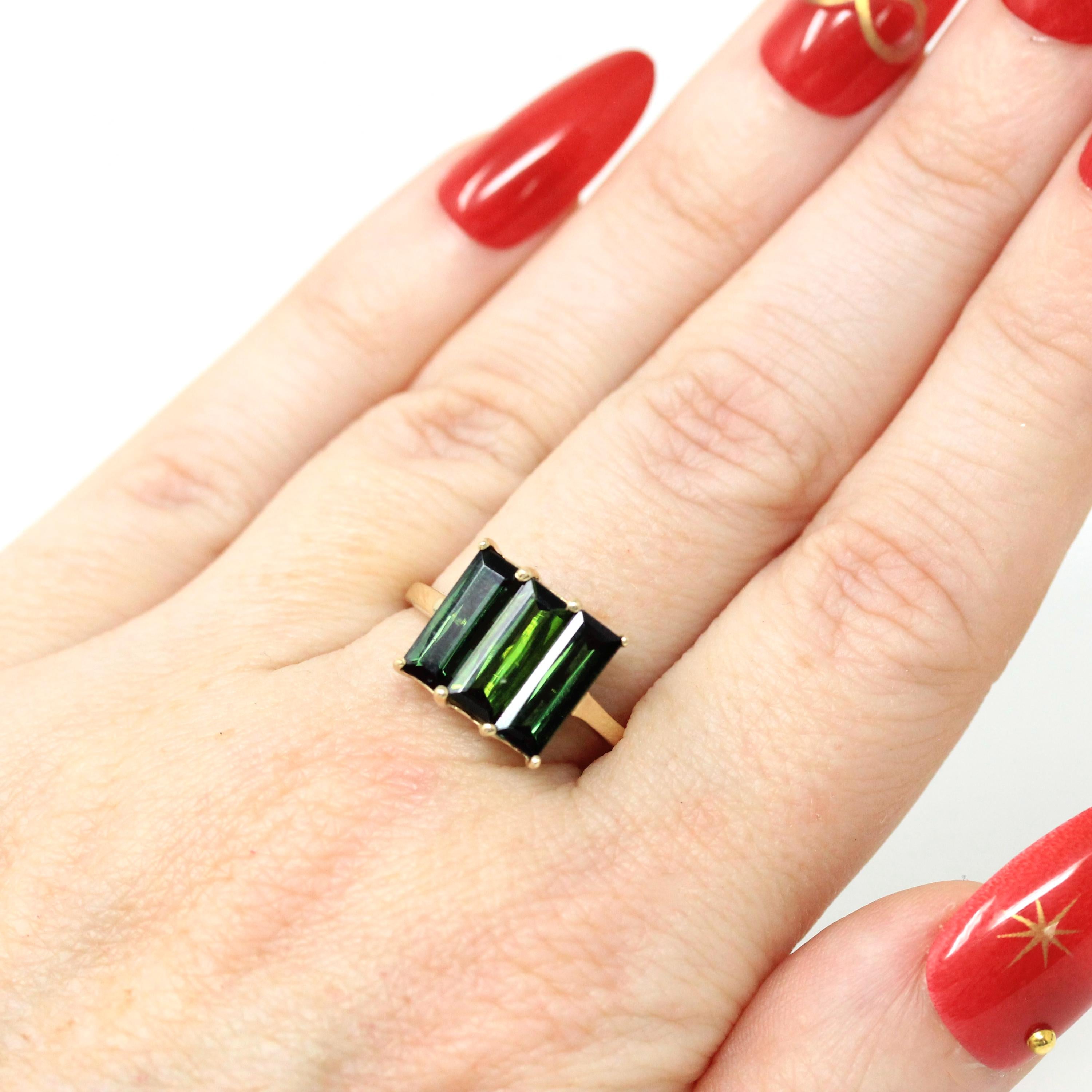 Green Tourmaline Ring - Modern Era 9k Yellow Gold Rectangular Green Gemstones - Estate Hallmarked 2013 Three Stone Size 7 1/4 Fine Jewelry
