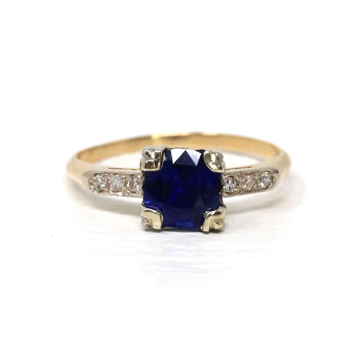 Mid Century Sapphire Engagement Ring - Vintage 14k Yellow White Gold Natural Blue Gemstone Diamonds - Circa 1950s Size 6 1/4 Fine Jewelry
