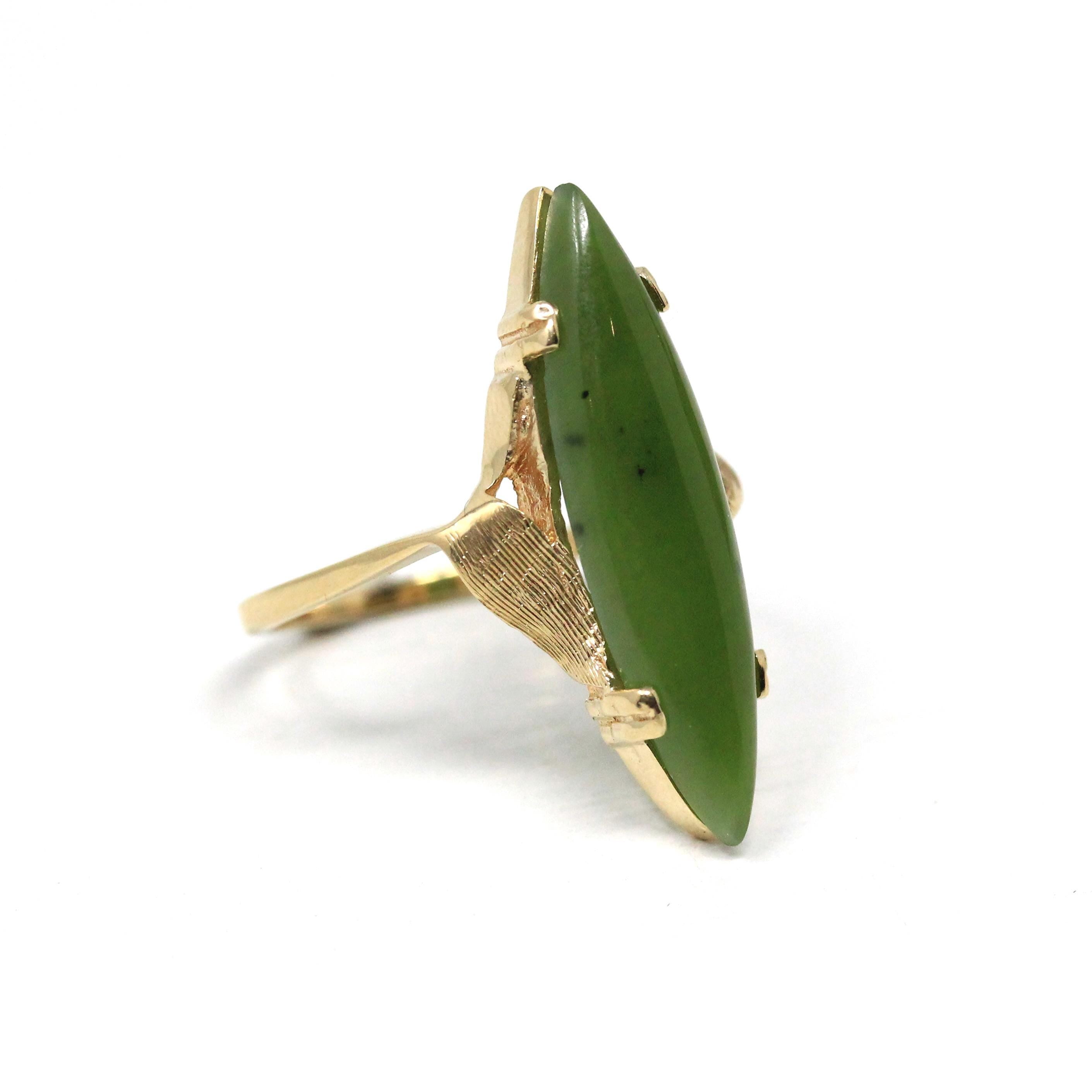 Nephrite Jade Ring - Retro 14k Yellow Gold Navette Cabochon Green Gemstone - Vintage Circa 1970s Era Size 7 Fine Bypass Statement Jewelry