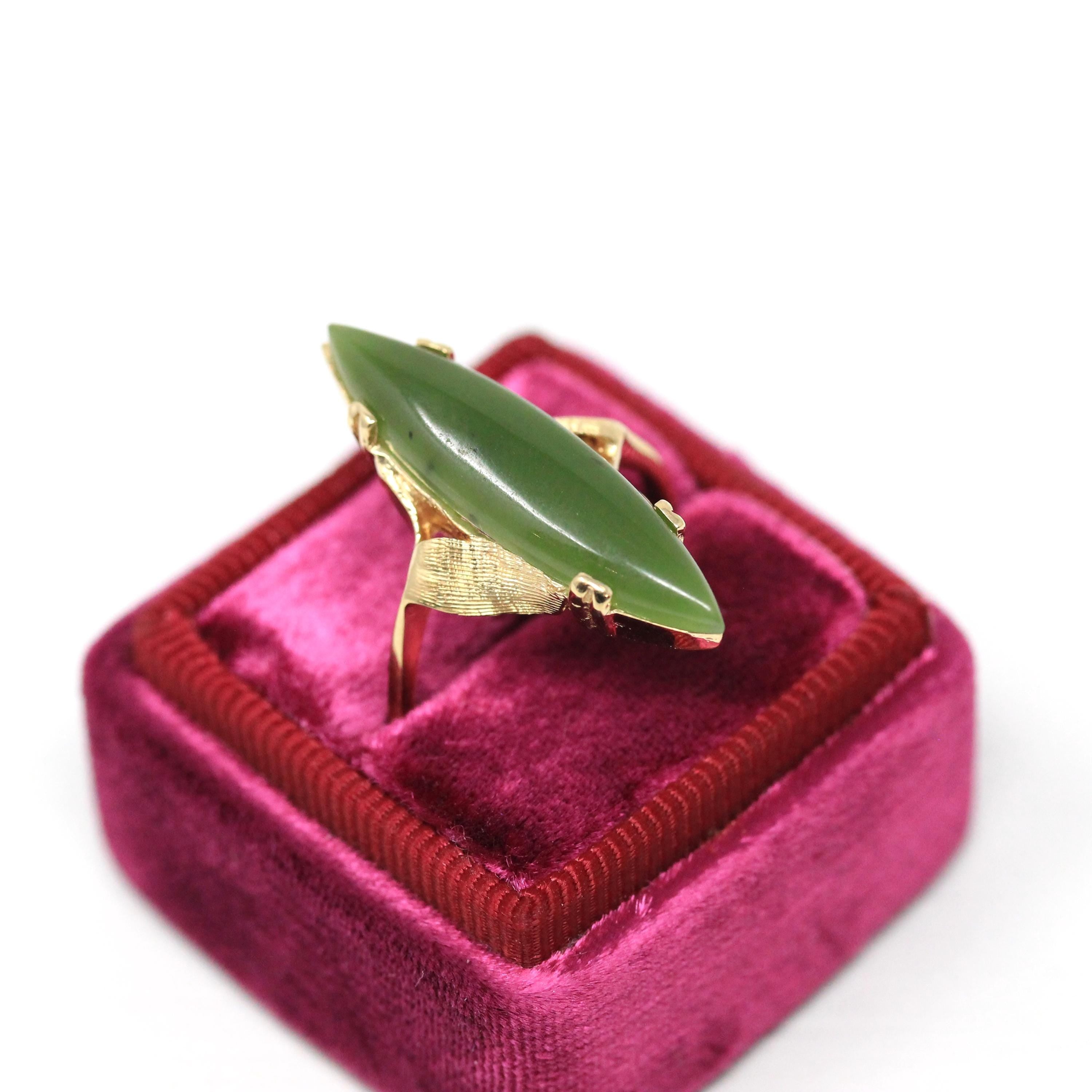 Nephrite Jade Ring - Retro 14k Yellow Gold Navette Cabochon Green Gemstone - Vintage Circa 1970s Era Size 7 Fine Bypass Statement Jewelry