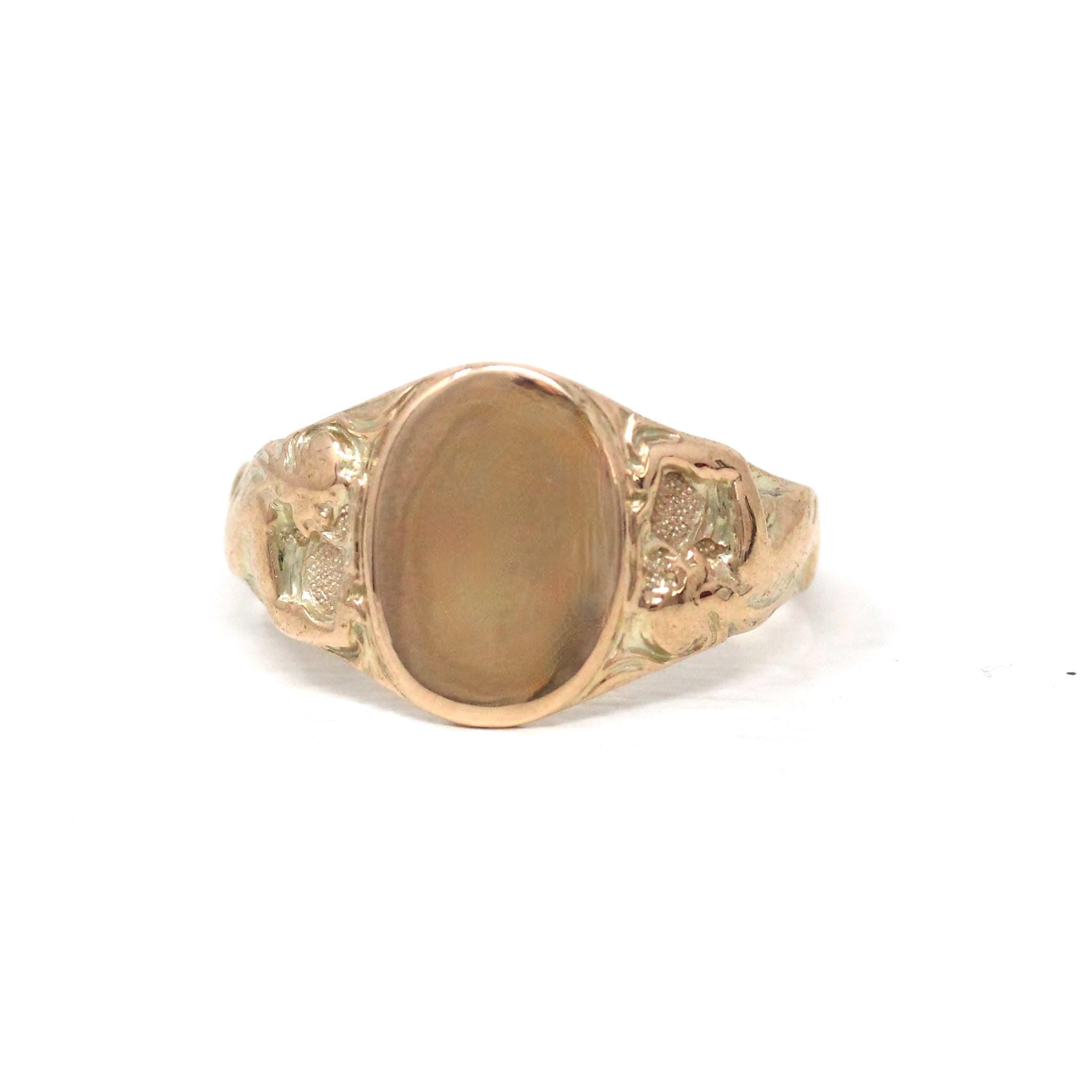 Art Nouveau Signet Ring - Antique 10k Yellow Gold Blank Oval Face - Edwardian Circa 1900s Era Size 10 Unisex Figural Woman Fine Jewelry