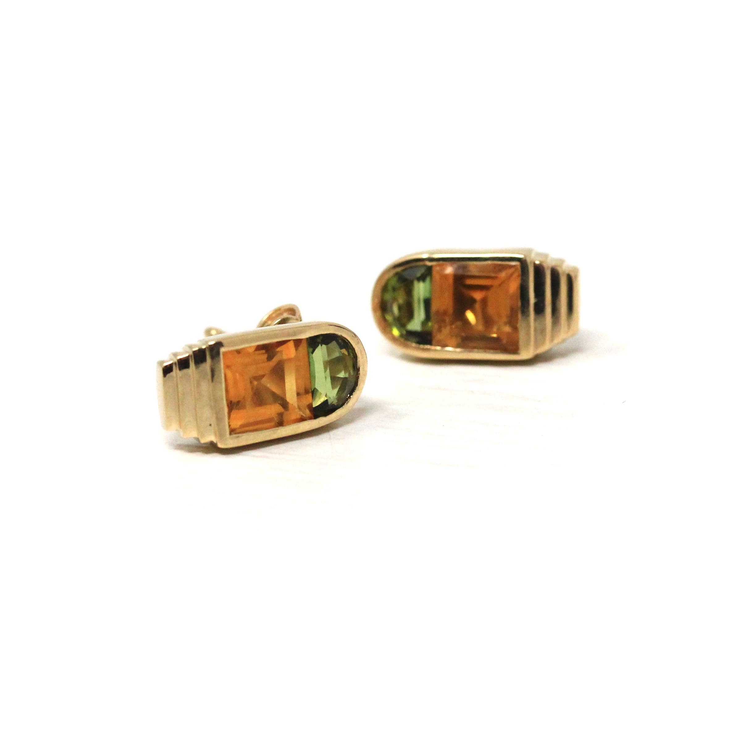 Tourmaline & Citrine Earrings - Modern 14k Yellow Gold Bezel Pierced Posts - Estate October And November Birthstones Fine Statement Jewelry