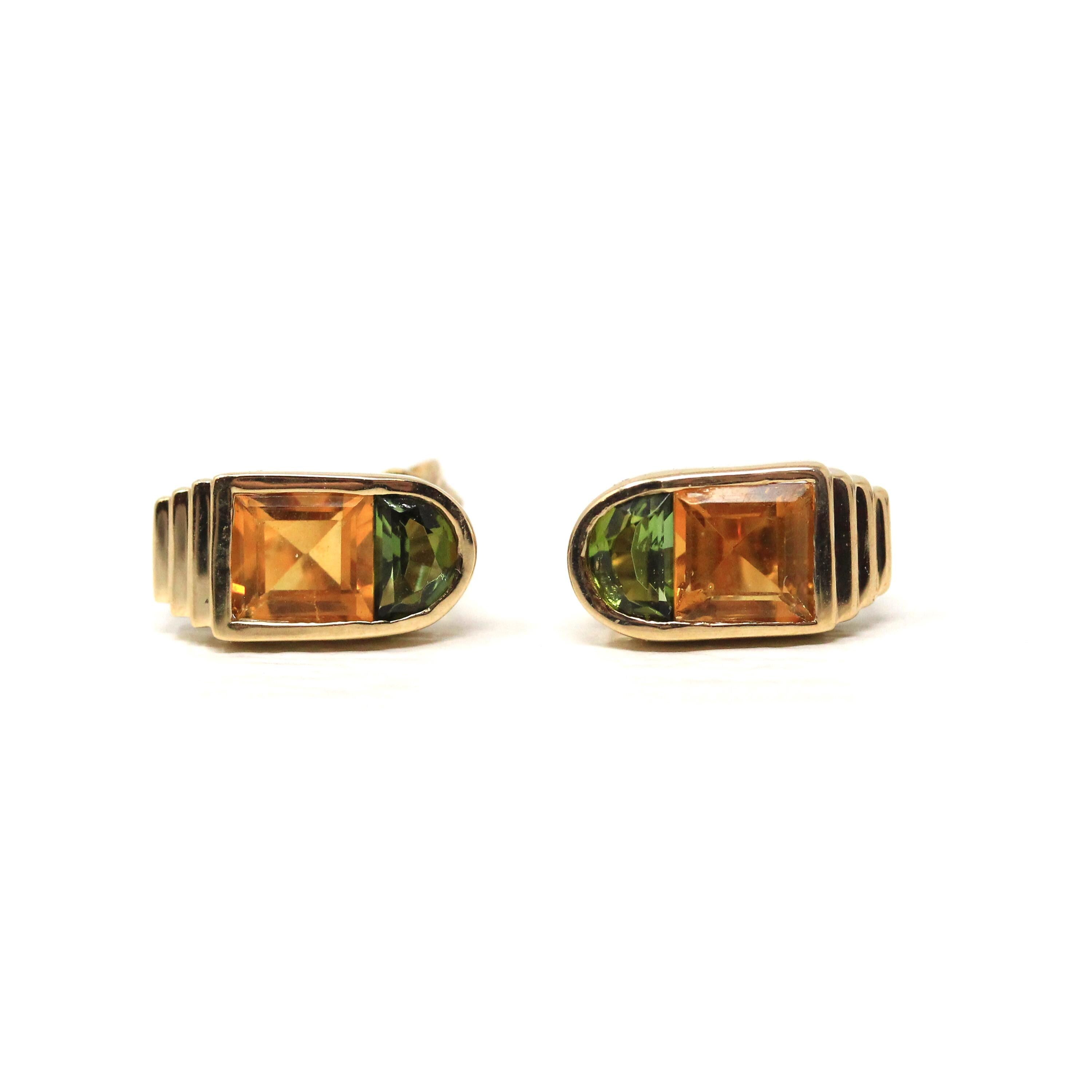 Tourmaline & Citrine Earrings - Modern 14k Yellow Gold Bezel Pierced Posts - Estate October And November Birthstones Fine Statement Jewelry
