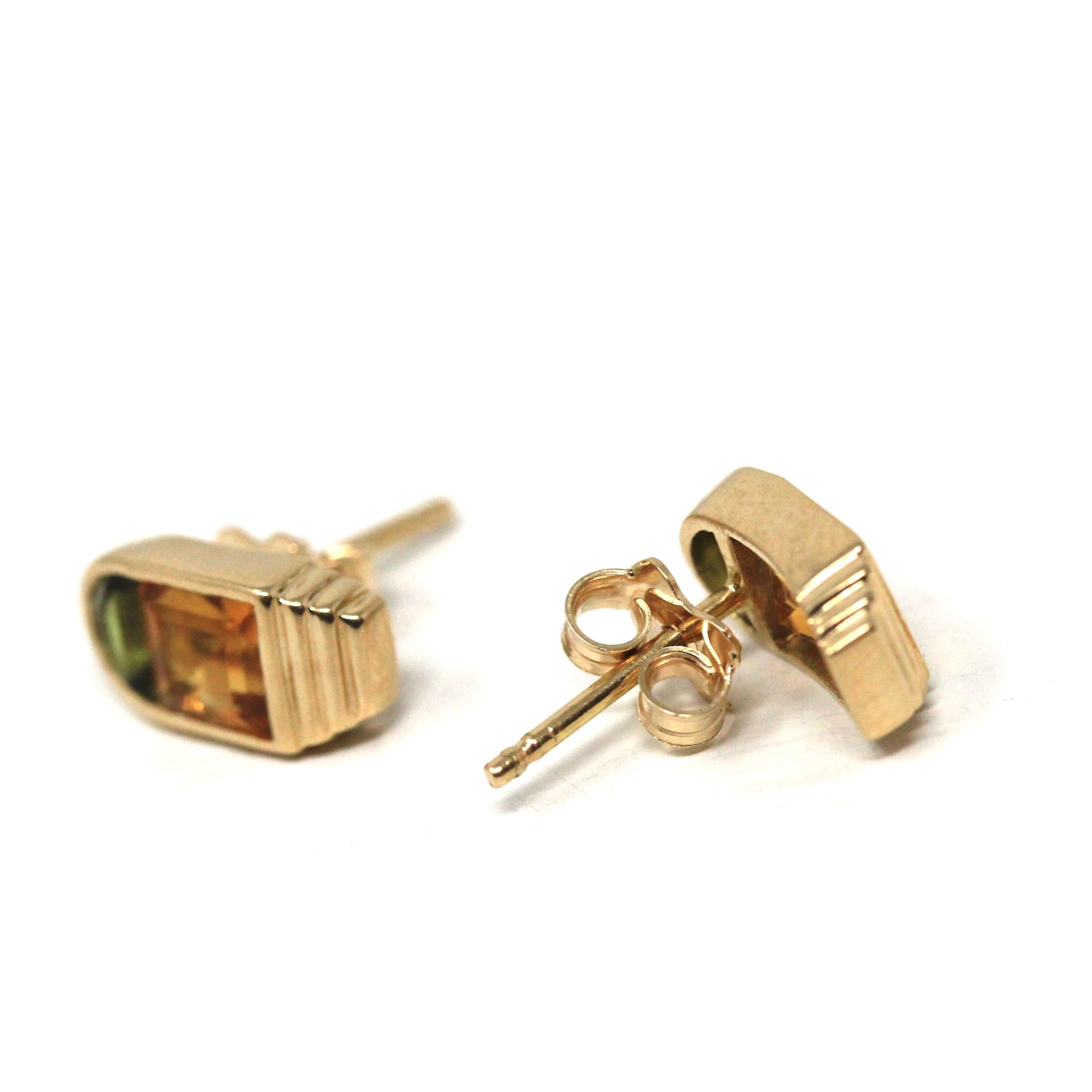 Tourmaline & Citrine Earrings - Modern 14k Yellow Gold Bezel Pierced Posts - Estate October And November Birthstones Fine Statement Jewelry