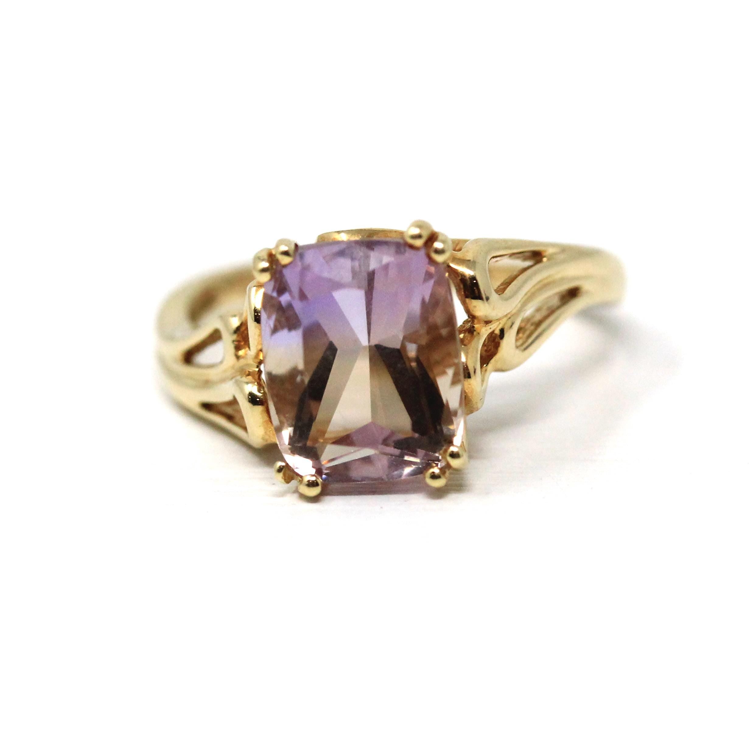 Ametrine Bypass Ring - Modern Era Estate 14k Yellow Gold Natural Bi-Color Gem - Circa 2000s Size 7 Purple Yellow Fine Y2K Statement Jewelry