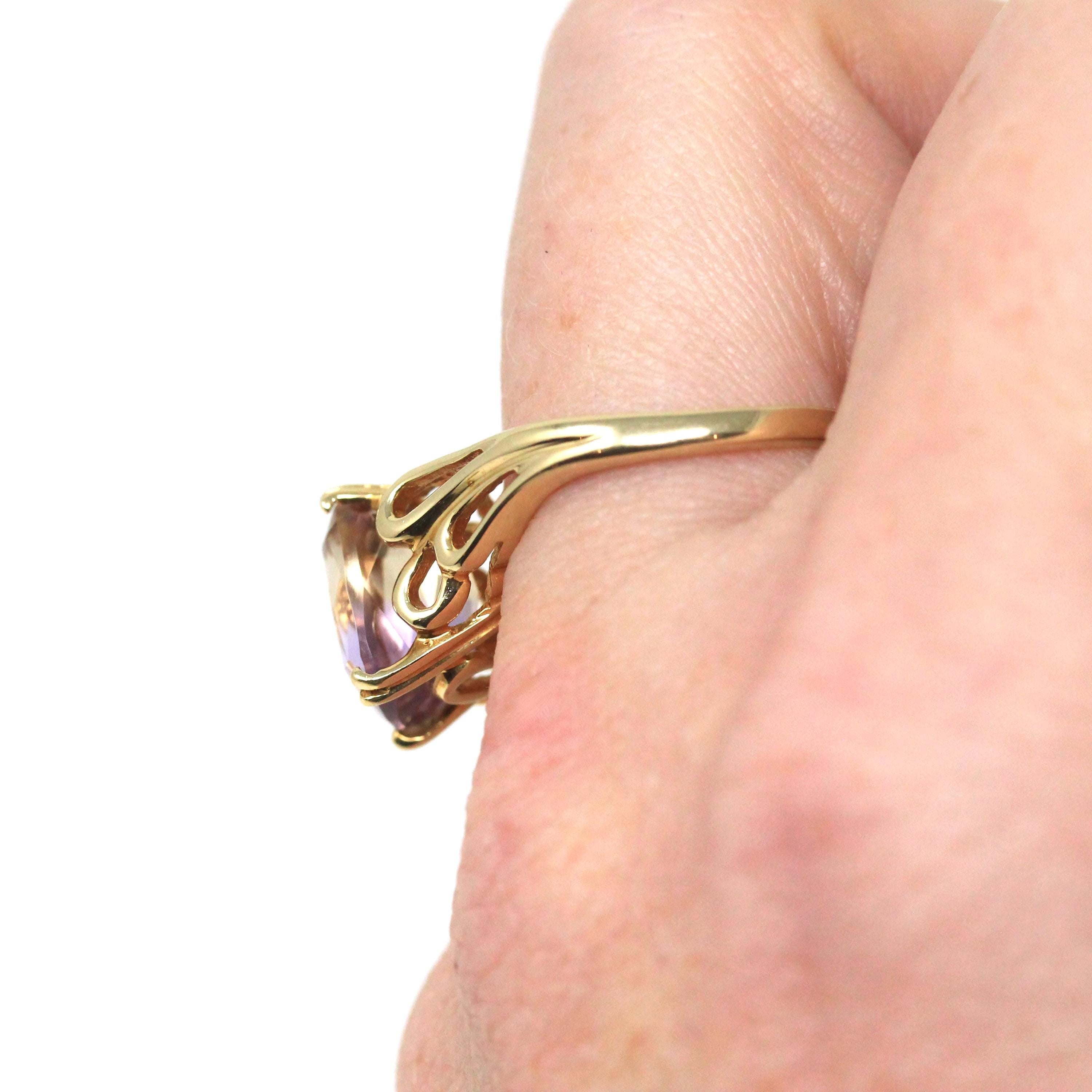 Ametrine Bypass Ring - Modern Era Estate 14k Yellow Gold Natural Bi-Color Gem - Circa 2000s Size 7 Purple Yellow Fine Y2K Statement Jewelry
