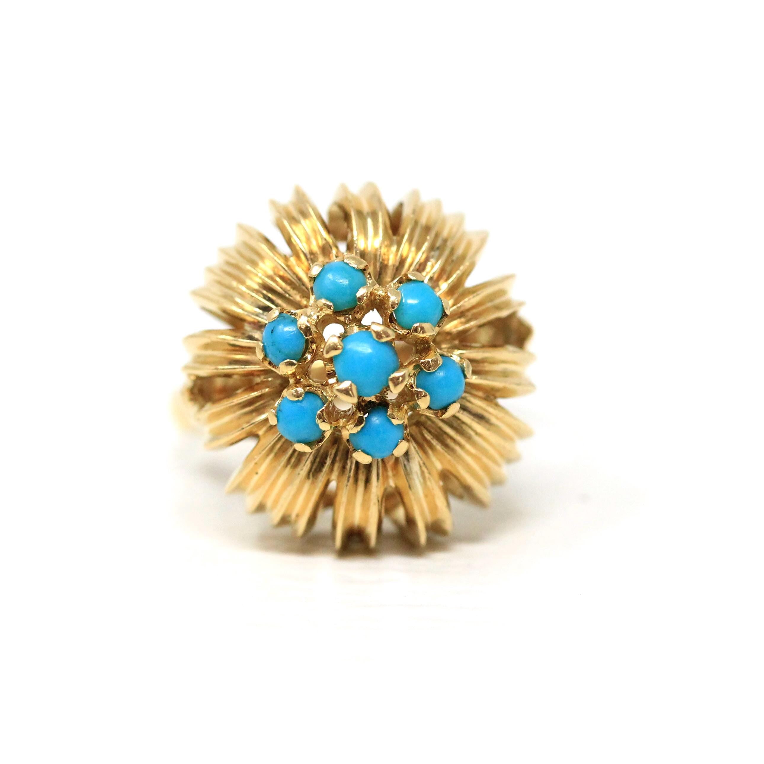 Turquoise Cluster Ring - Vintage 18k Yellow Gold Blue Floral Halo Statement - Retro Era 1960s December Birthstone Domed Flower Fine Jewelry
