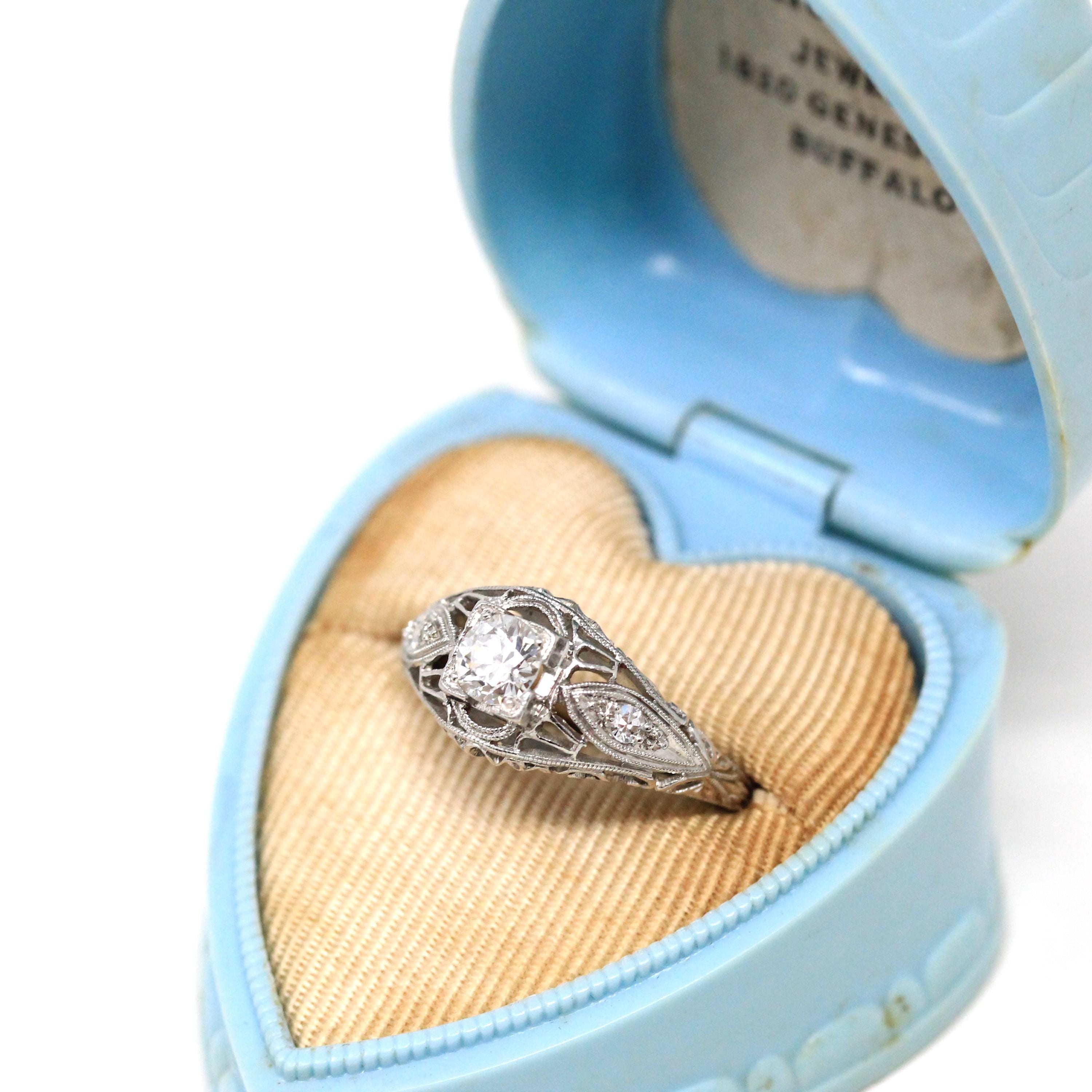 Art Deco Engagement Ring - Platinum Natural .35 CT Transitional Brilliant Cut Diamond - Antique Circa 1920s Era Size 7 Fine Filigree Jewelry